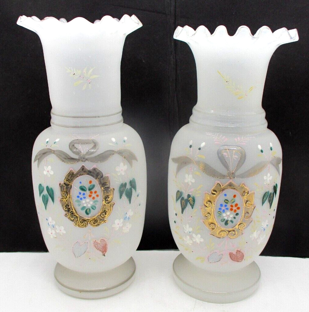 Pair Antique? BRISTOL Hand Painted Enamel-Hand Blown Vases 10\
