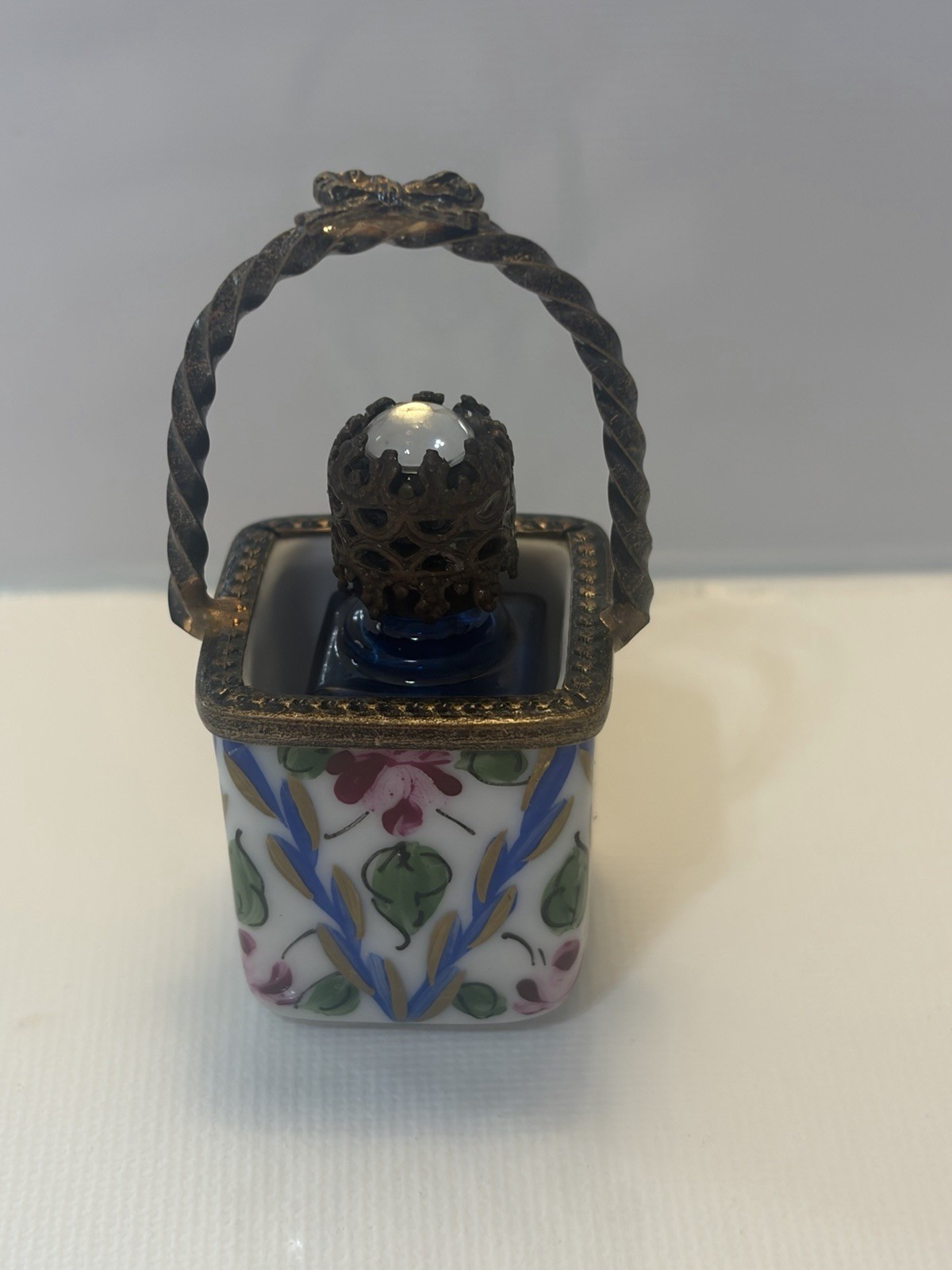 New Peint Main Limoges Basket with Blue French Bottle
