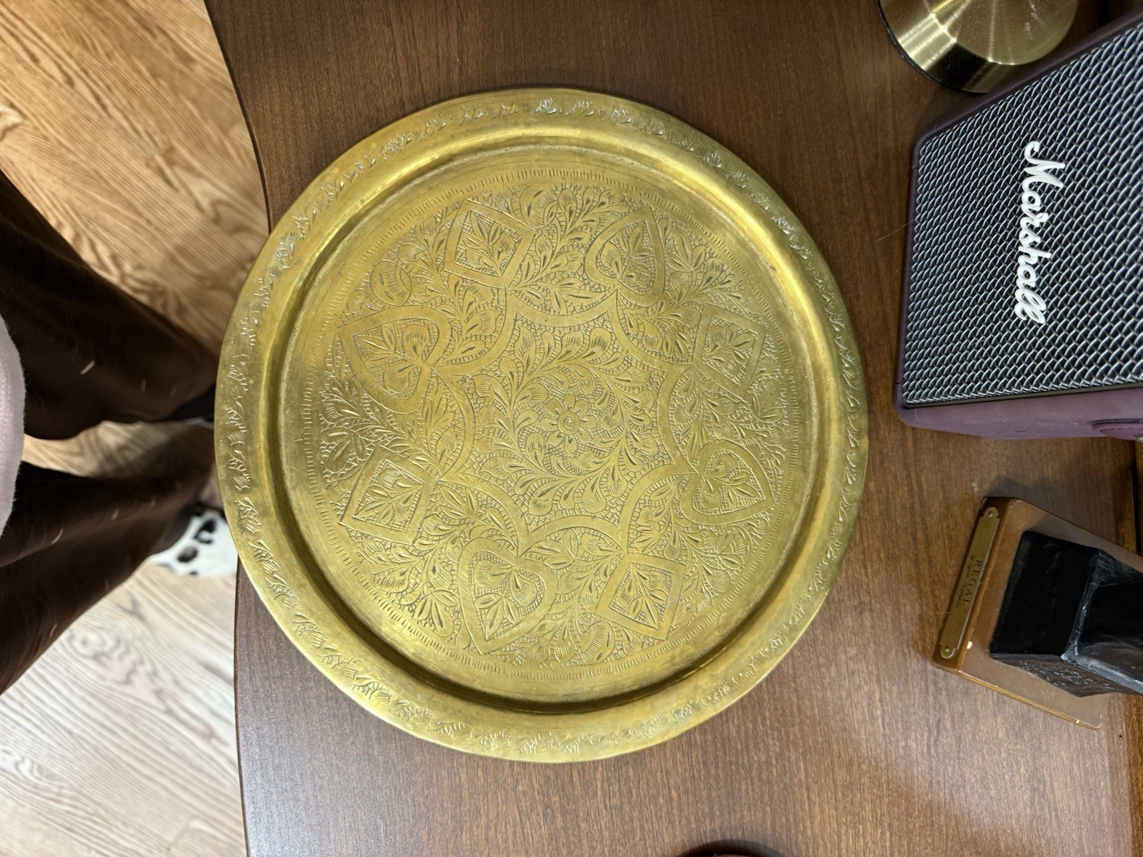 Vintage Hand-Engraved Solid Brass Round Tray / Serving Platter Middle Eastern Vintage Hand-Engraved Solid Brass Round Tray / Serving Platter Middle Eastern