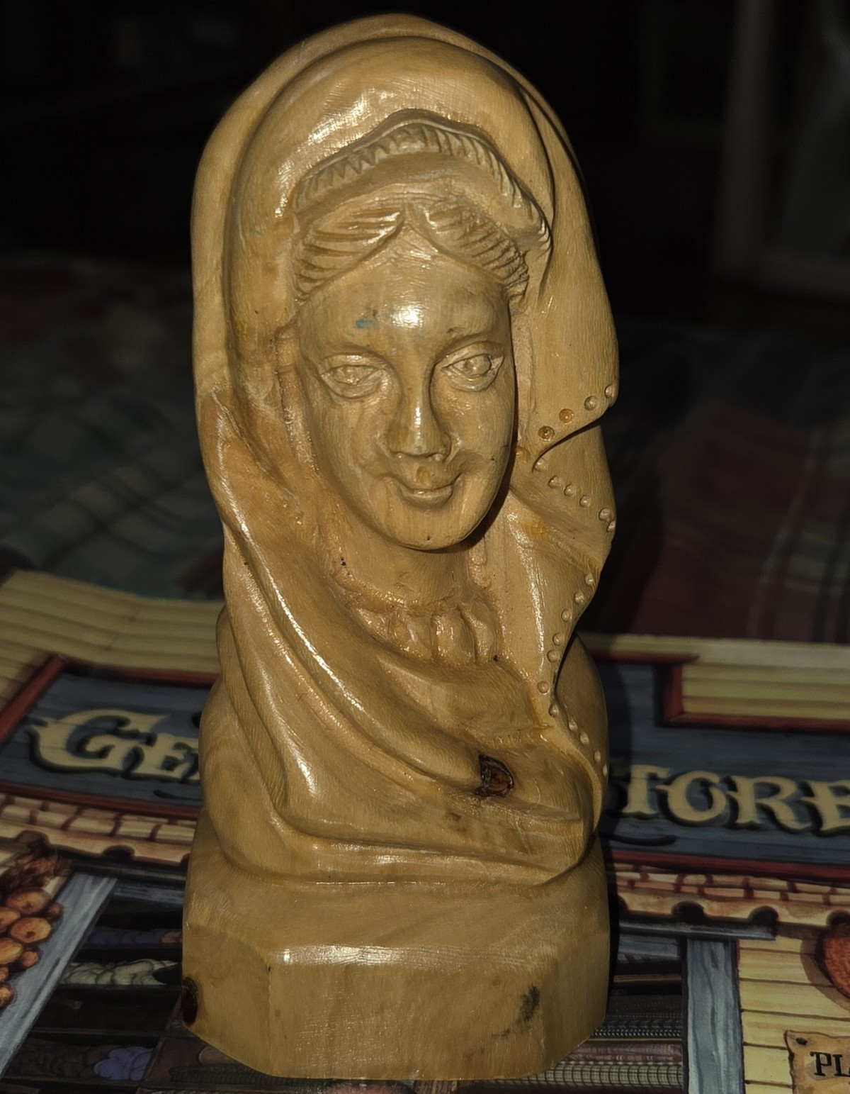 Vintage Hand Carved Olive Wood Madonna Bust 5" Virgin Mary Religious Folk Art
