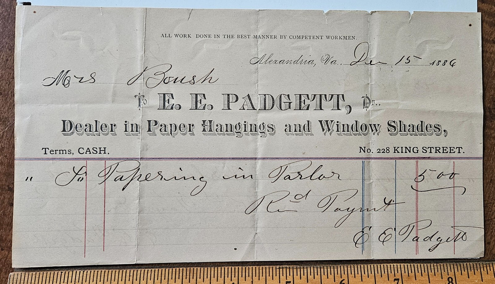1886 Antique Handwritten Billhead Receipt – E. E. Padgett, Alexandria, Virginia