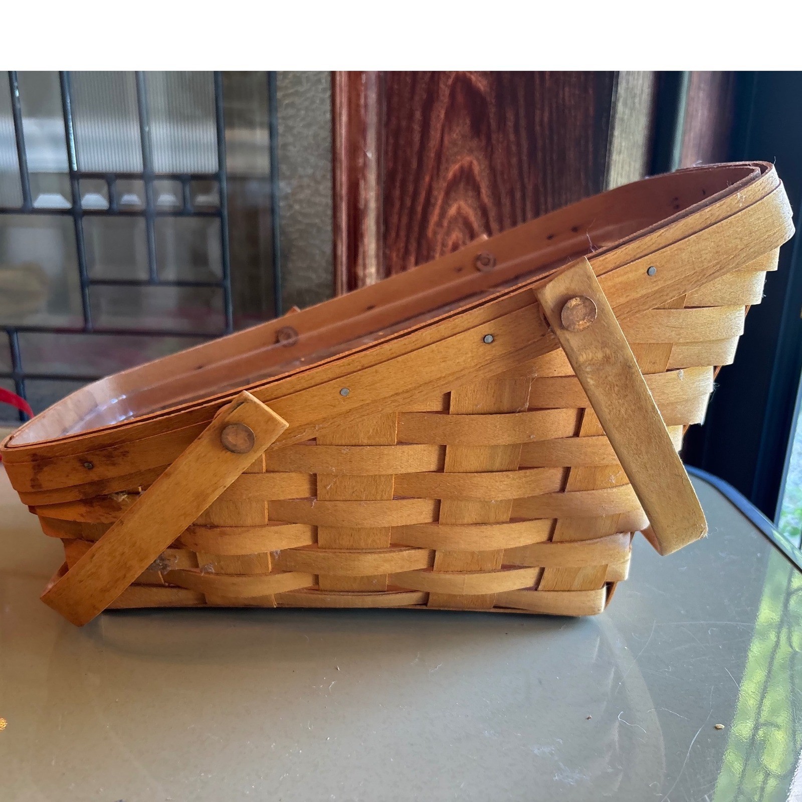 Longaberger Slanted Woven Wood Basket with Plastic Liner and Dual Handles Longaberger Slanted Woven Wood Basket with Plastic Liner and Dual Handles