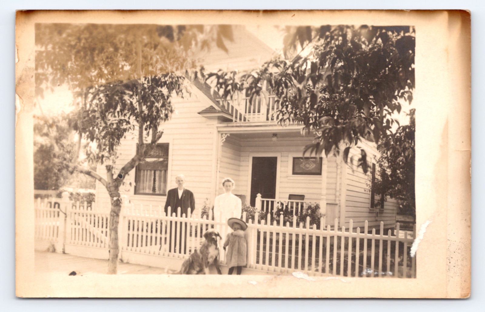 c1915 Family & Dog RPPC Folk Victorian Home Picket Fence California Architecture