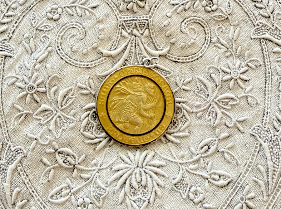 Vintage 70's Creed 1-inch Sterling Gold Enamel Saint Christopher Medal Pendant Vintage 70's Creed 1-inch Sterling Gold Enamel Saint Christopher Medal Pendant