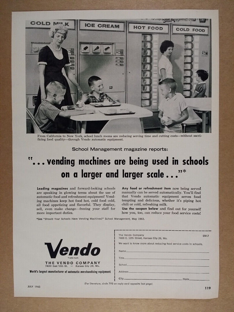 1963 Vendo Vending Machines for School Lunch Rooms vintage print Ad