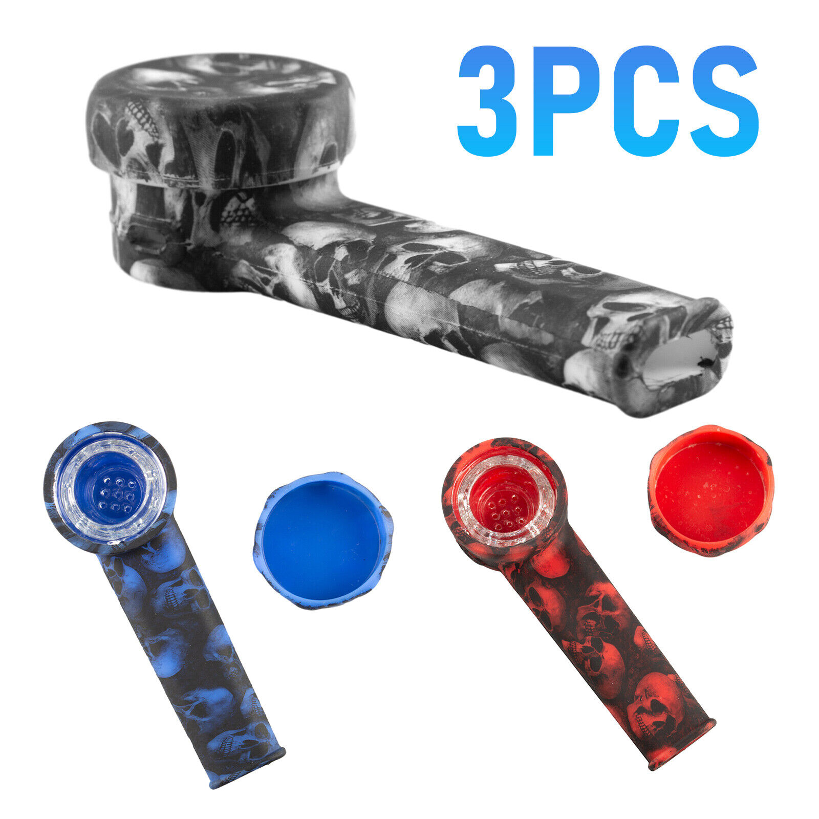 Three Pack Silicone Tobacco Smoking Hand Pipe Glass Bowl Cap Lid 3Pack Skulls