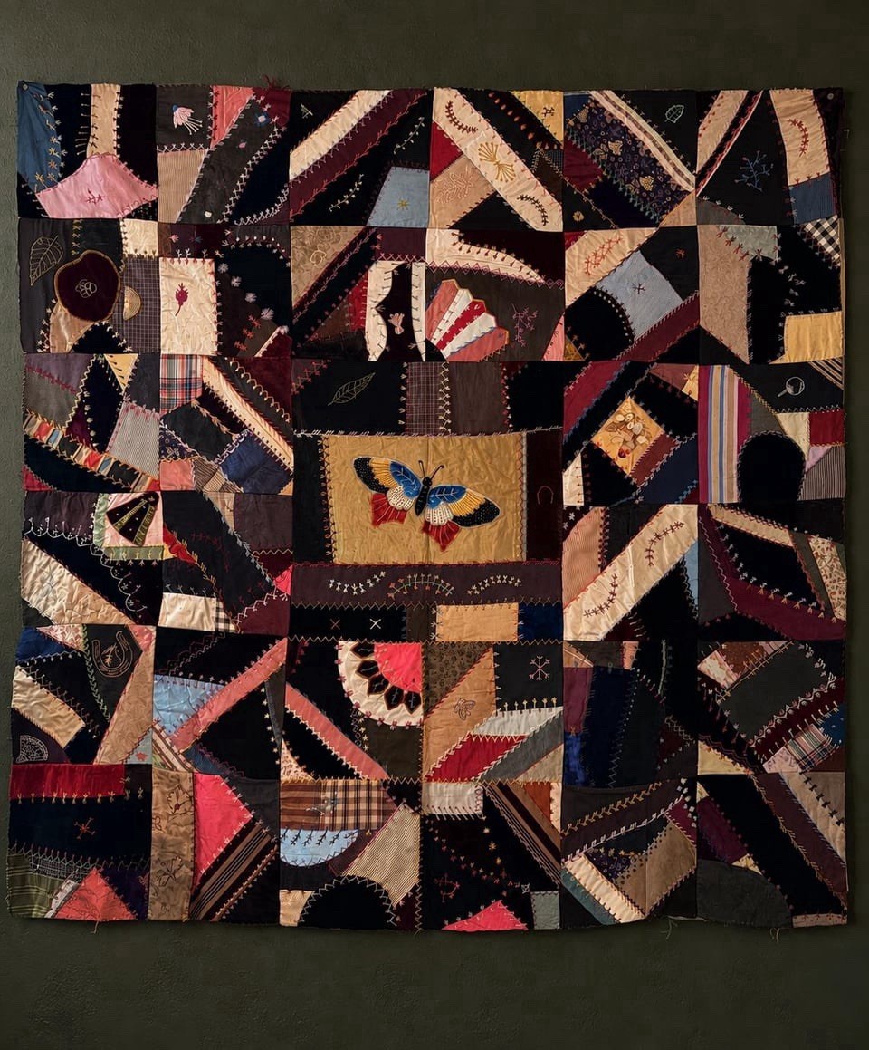 Museum c1880s Victorian Pictorial Crazy Quilt Top Silk Velvet Embroidery 54x56 Museum c1880s Victorian Pictorial Crazy Quilt Top Silk Velvet Embroidery 54x56