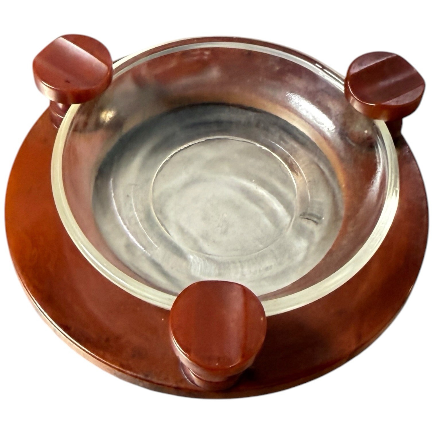 Vintage 1930s 40s Butterscotch Amber Footed Bakelite Ashtray Glass Round Center