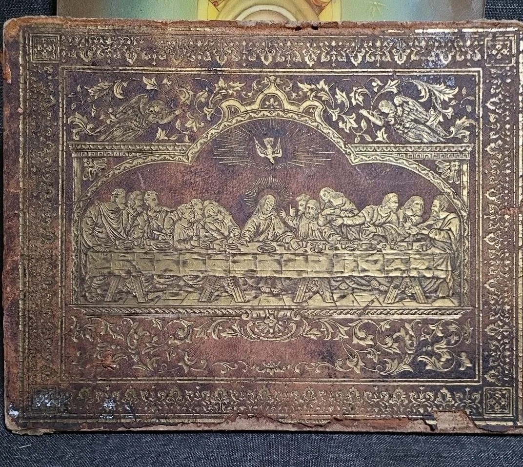 Antique Gilt Embossed Leather Last Supper Jesus Catholic Religious Art 12x9 Antique Gilt Embossed Leather Last Supper Jesus Catholic Religious Art 12x9