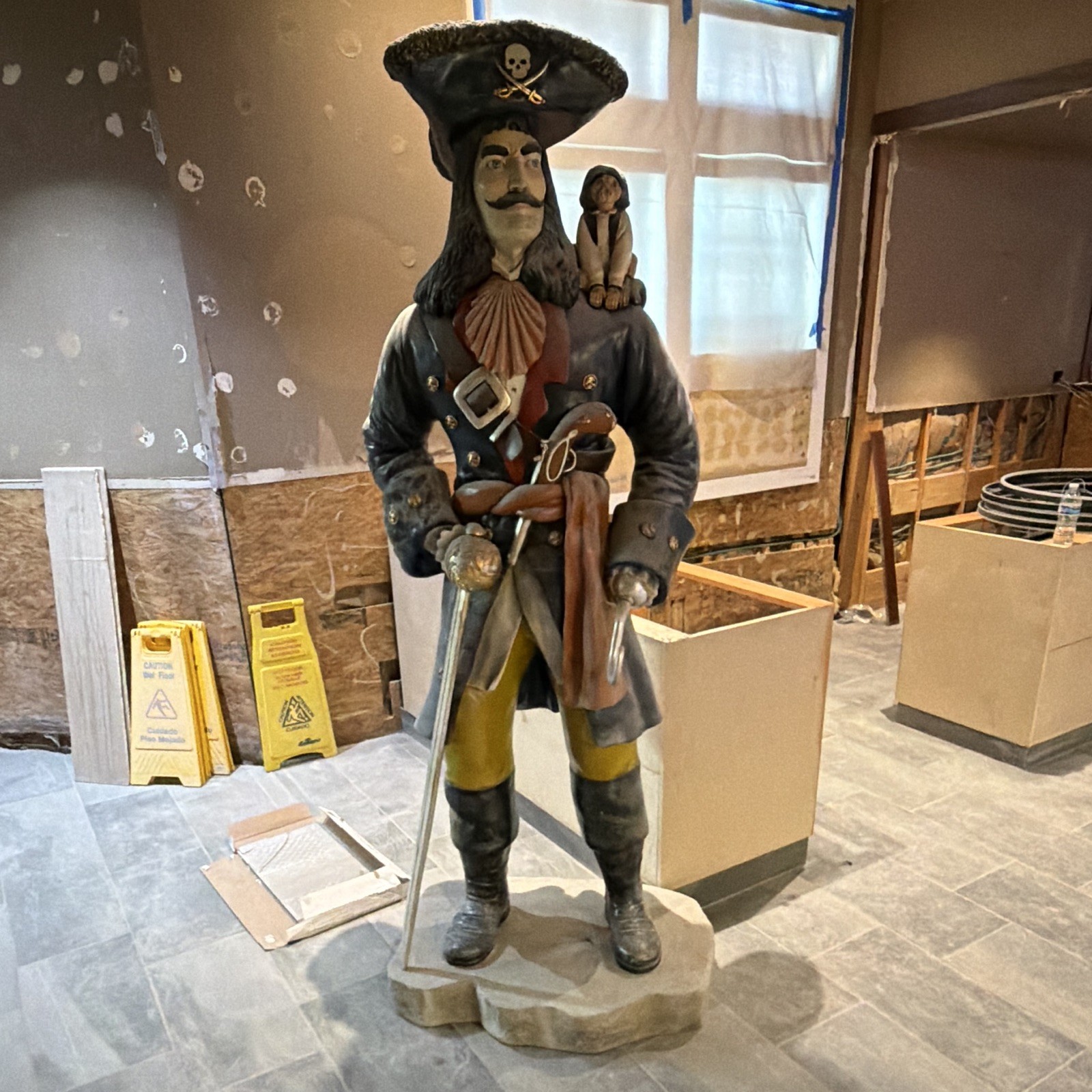 Pirate Captain Statue Figurine w/ Sword & Parrot, Multicolor