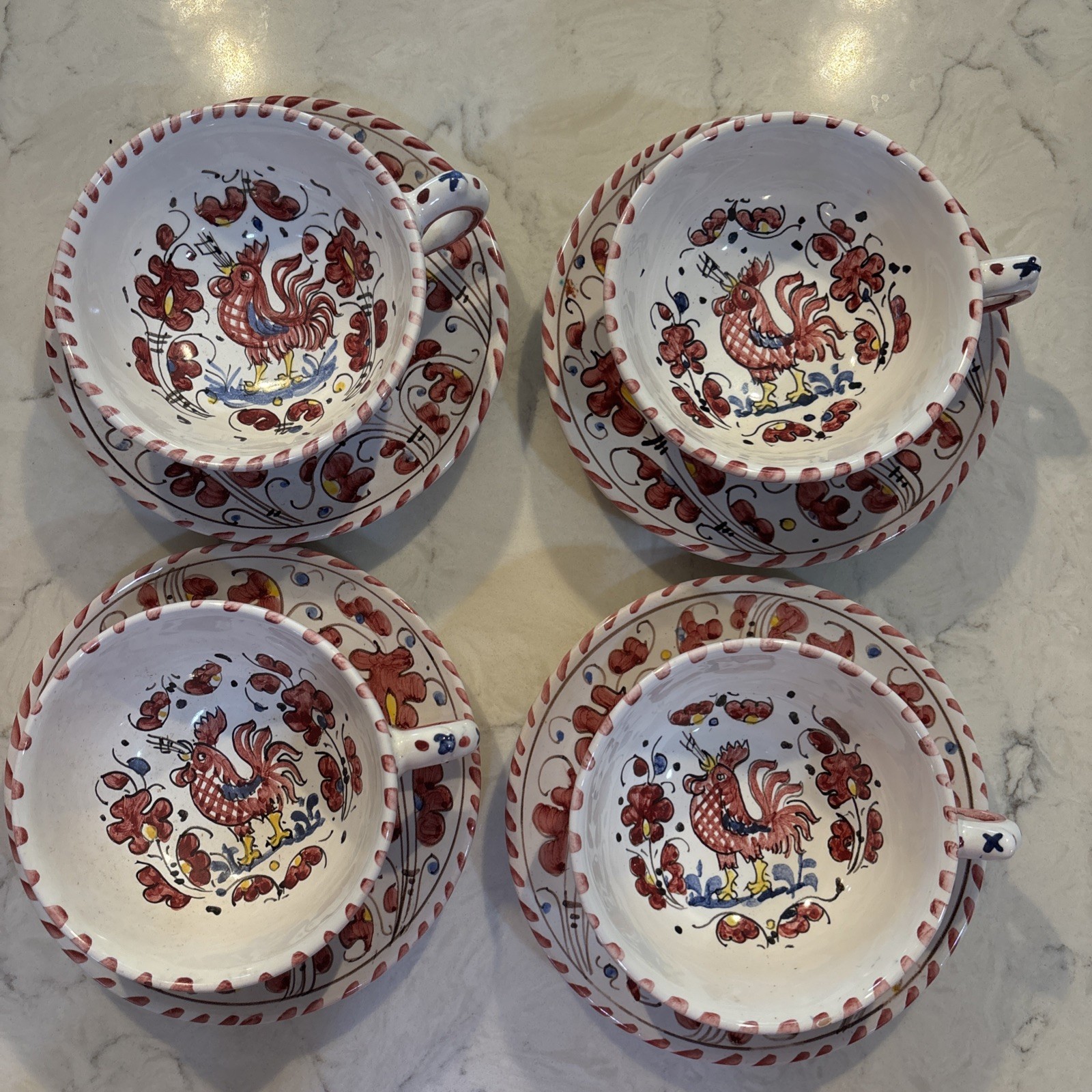 Set Of 4 Vintage Red Rooster Tea Cups And Saucers PV Italy Excellent Condition Set Of 4 Vintage Red Rooster Tea Cups And Saucers PV Italy Excellent Condition