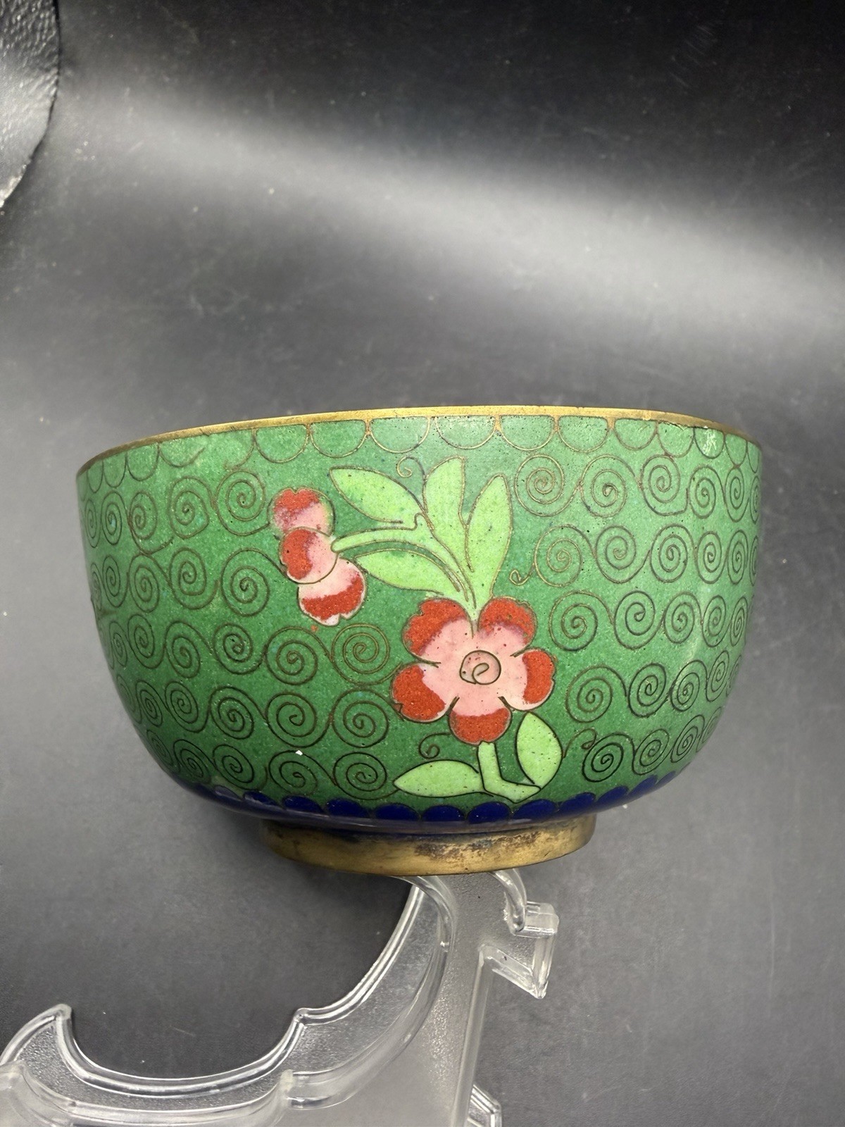 Vintage Chinese Cloisonne Brass Bowl Green Floral Turquoise Marked CHINA