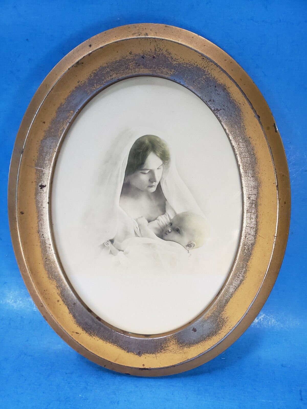 Madonna & Child  Photo Print Stamped FMP Co Oval Metal Worn Gold Frame Fishback