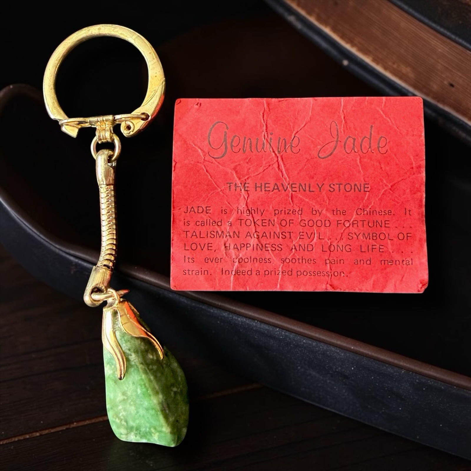 Genuine Jade Keychain Mid Century Green Stone Good Luck Talisman Vintage