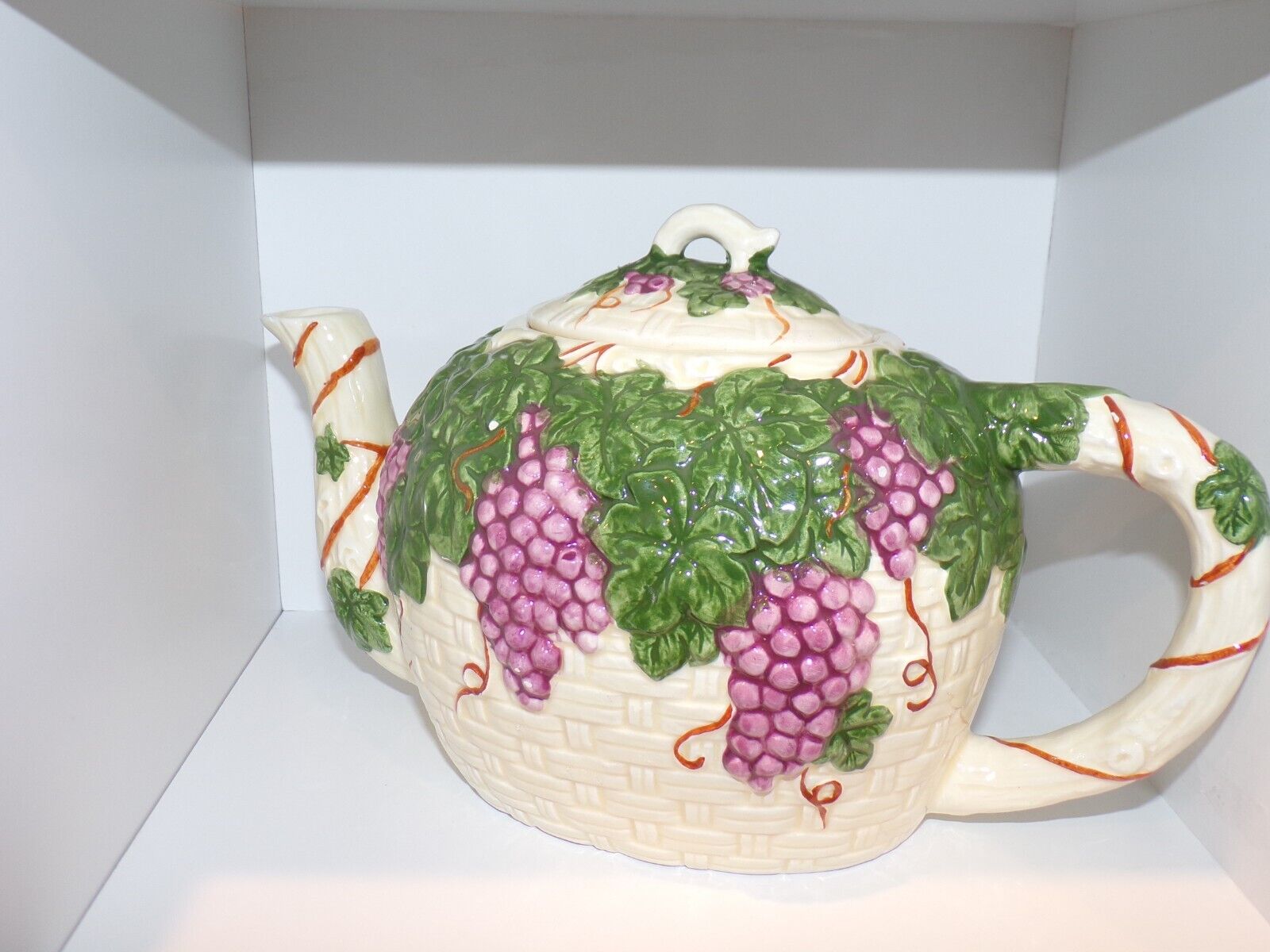 Hand Painted Bordeaux by Mann Basket Weave w/Grapes Ceramic Teapot
