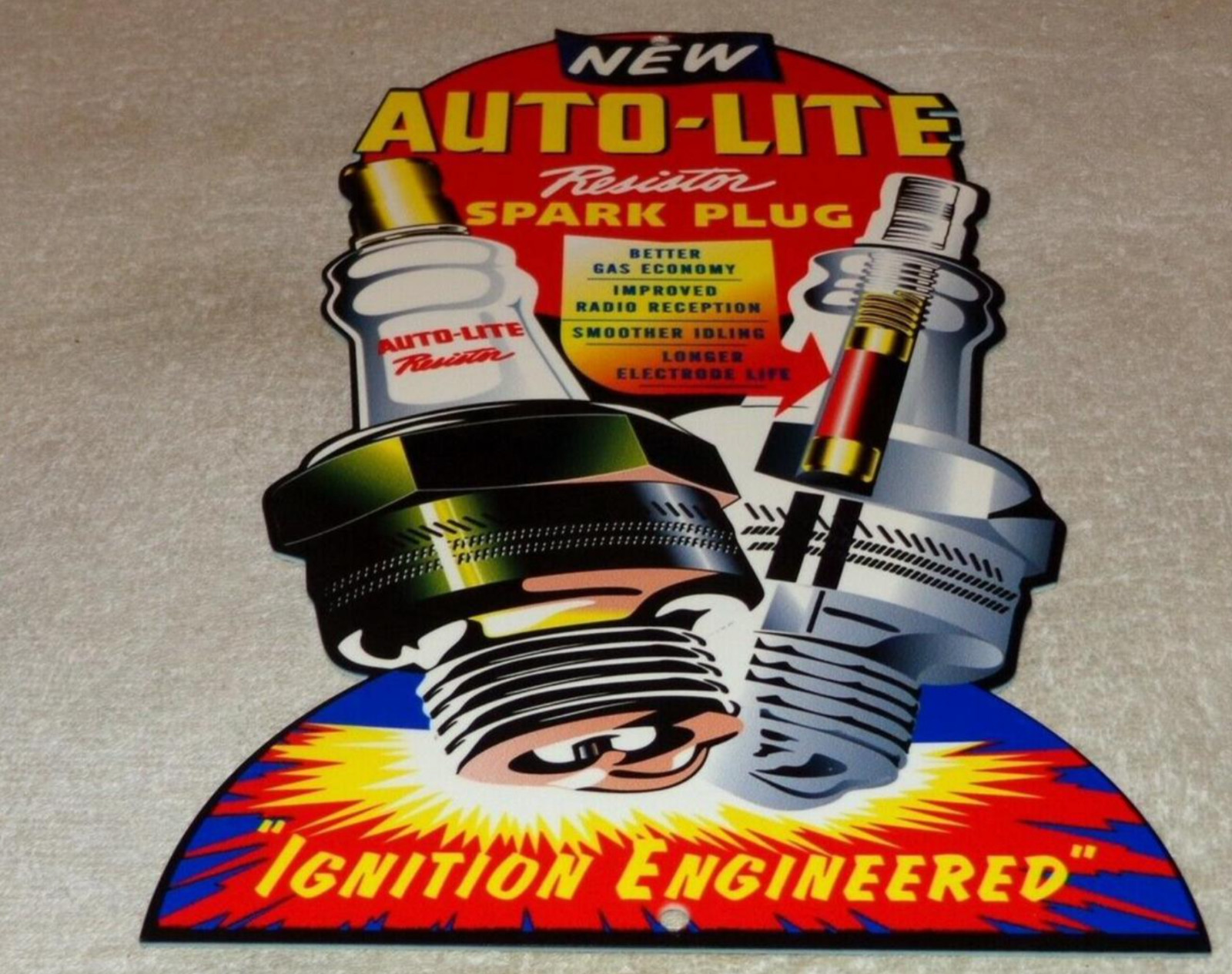 VINTAGE AUTO-LITE SPARK PLUG SERVICE 12" METAL CAR TRUCK PLUGS GASOLINE OIL SIGN