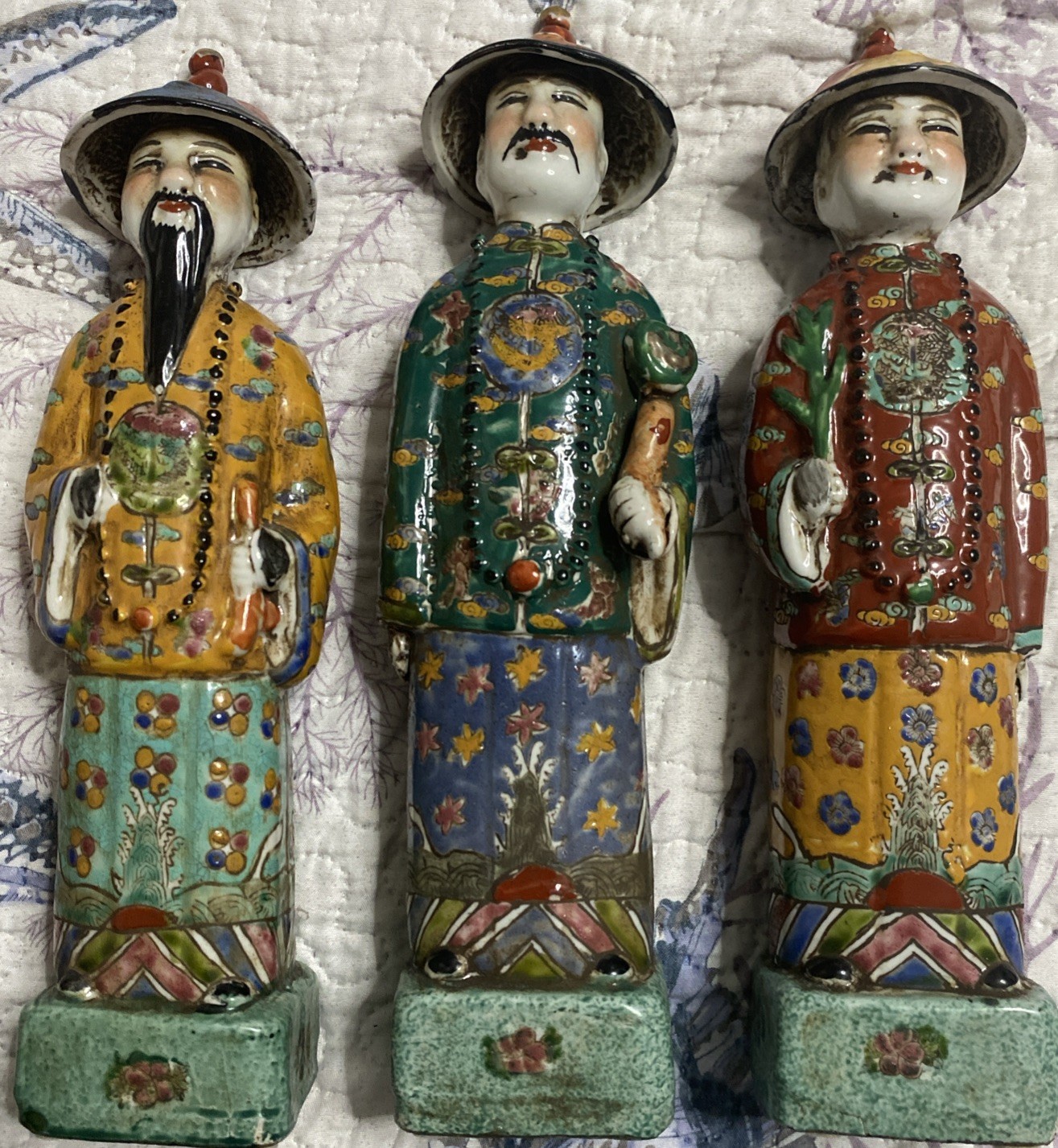 3- Vintage, Hand-Painted Polychrome Porcelain Figurines 3- Vintage, Hand-Painted Polychrome Porcelain Figurines