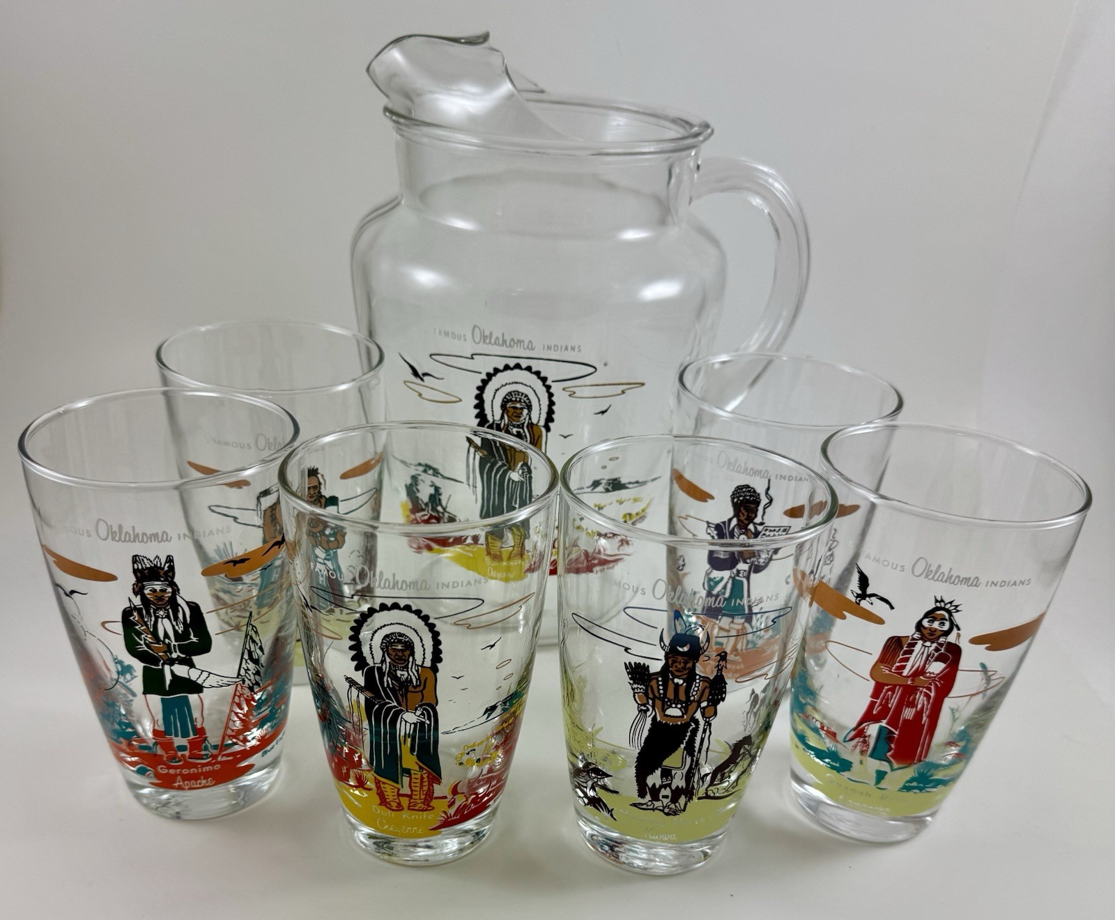 RARE CLEAR 6 Glasses & Pitcher Set Knox Oil Famous Oklahoma Indians Blue Eagle RARE CLEAR 6 Glasses & Pitcher Set Knox Oil Famous Oklahoma Indians Blue Eagle
