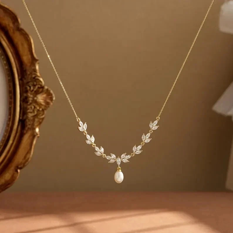 Dainty Freshwater Pearl with Diamond 18K Yellow Gold Over Leaf Bridal Necklace Dainty Freshwater Pearl with Diamond 18K Yellow Gold Over Leaf Bridal Necklace