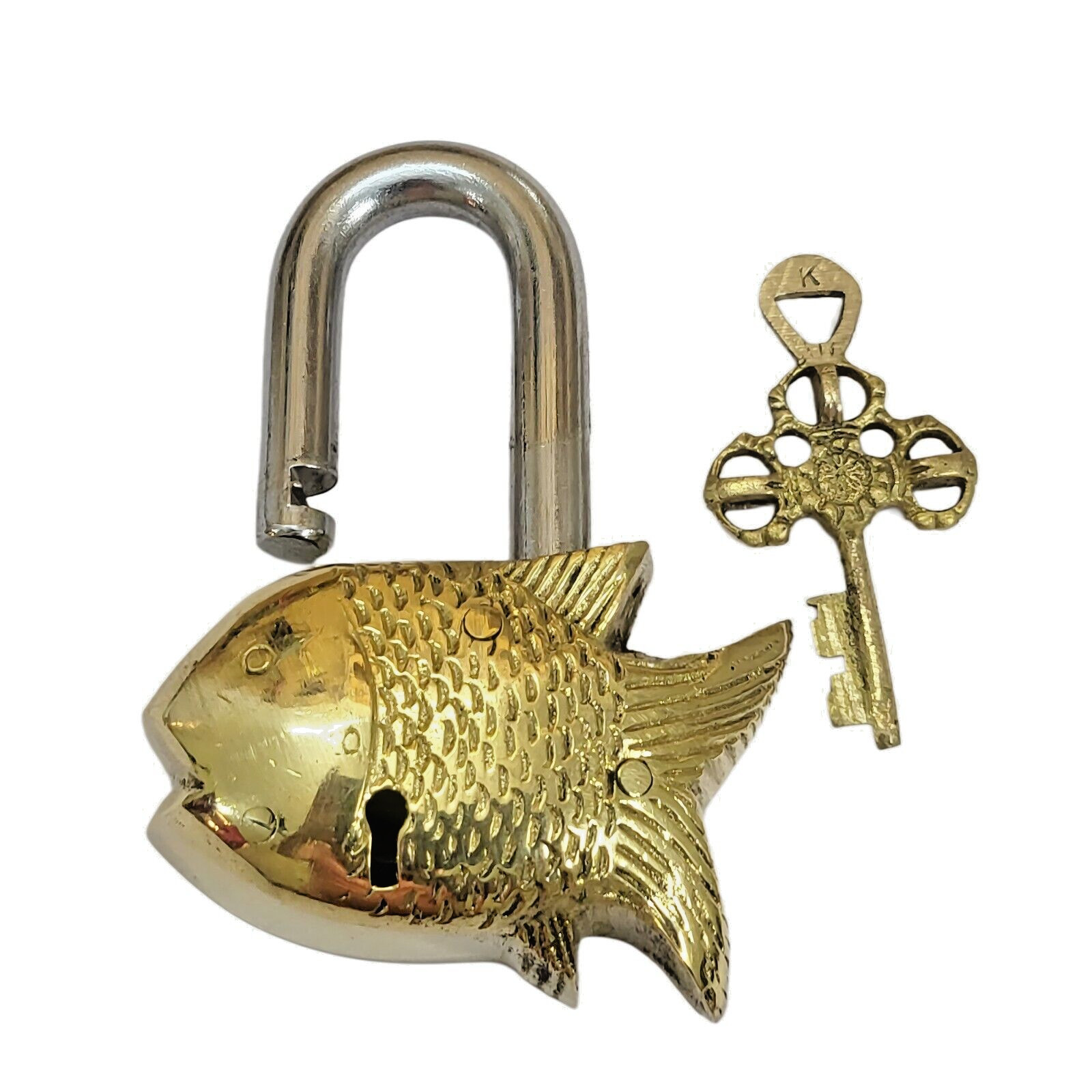 Antique Padlock Brass Hand Crafted Working Decorative Small Fish Shape Padlock Antique Padlock Brass Hand Crafted Working Decorative Small Fish Shape Padlock