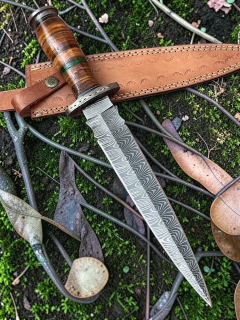 Custom Handmade Damascus Steel 15 Inches Dagger Knife - Leather Handle w Brass