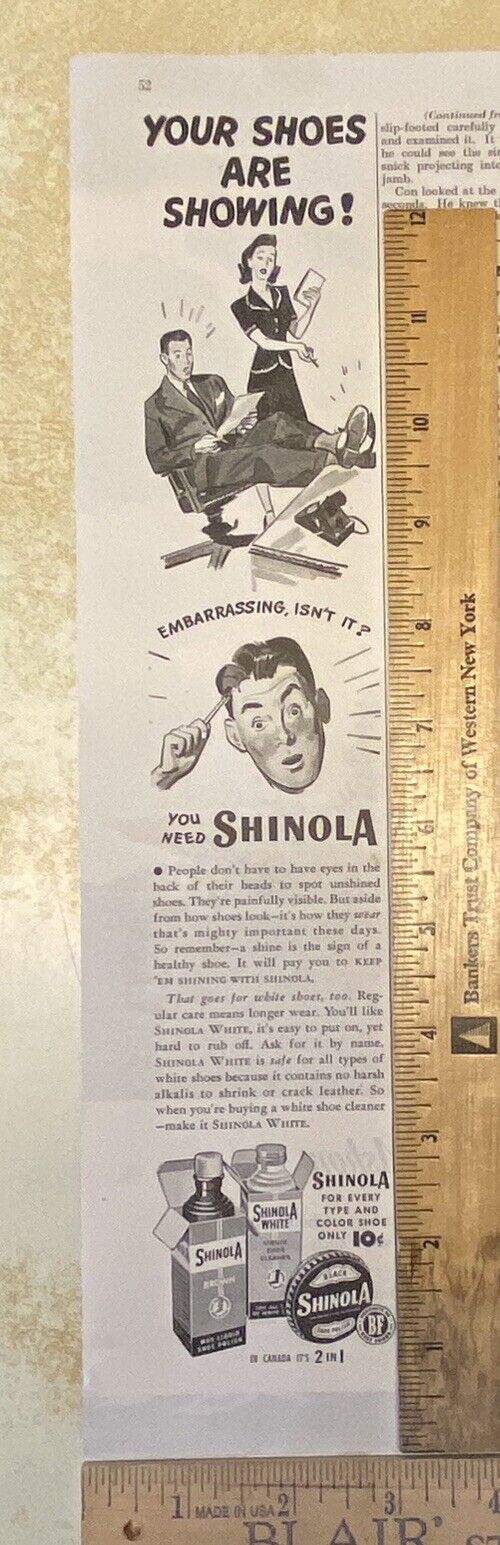 Vintage Print Ad Shinola Shoe Shine Polish Man Woman Office Desk 1940s 13.5 x 3\