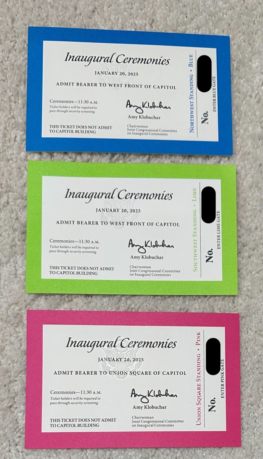 Presidential Inauguration Ticket Set (Blue, Green & Pink) Trump 2025