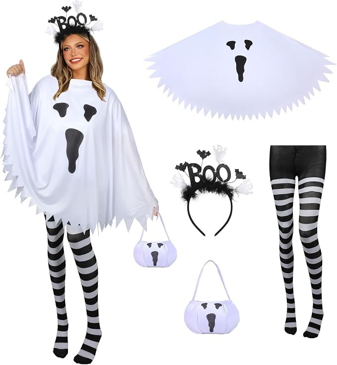 4 PCS Halloween Costume Set for Women Adult Ghost Costume, Ghost Poncho, Candy b 4 PCS Halloween Costume Set for Women Adult Ghost Costume, Ghost Poncho, Candy b