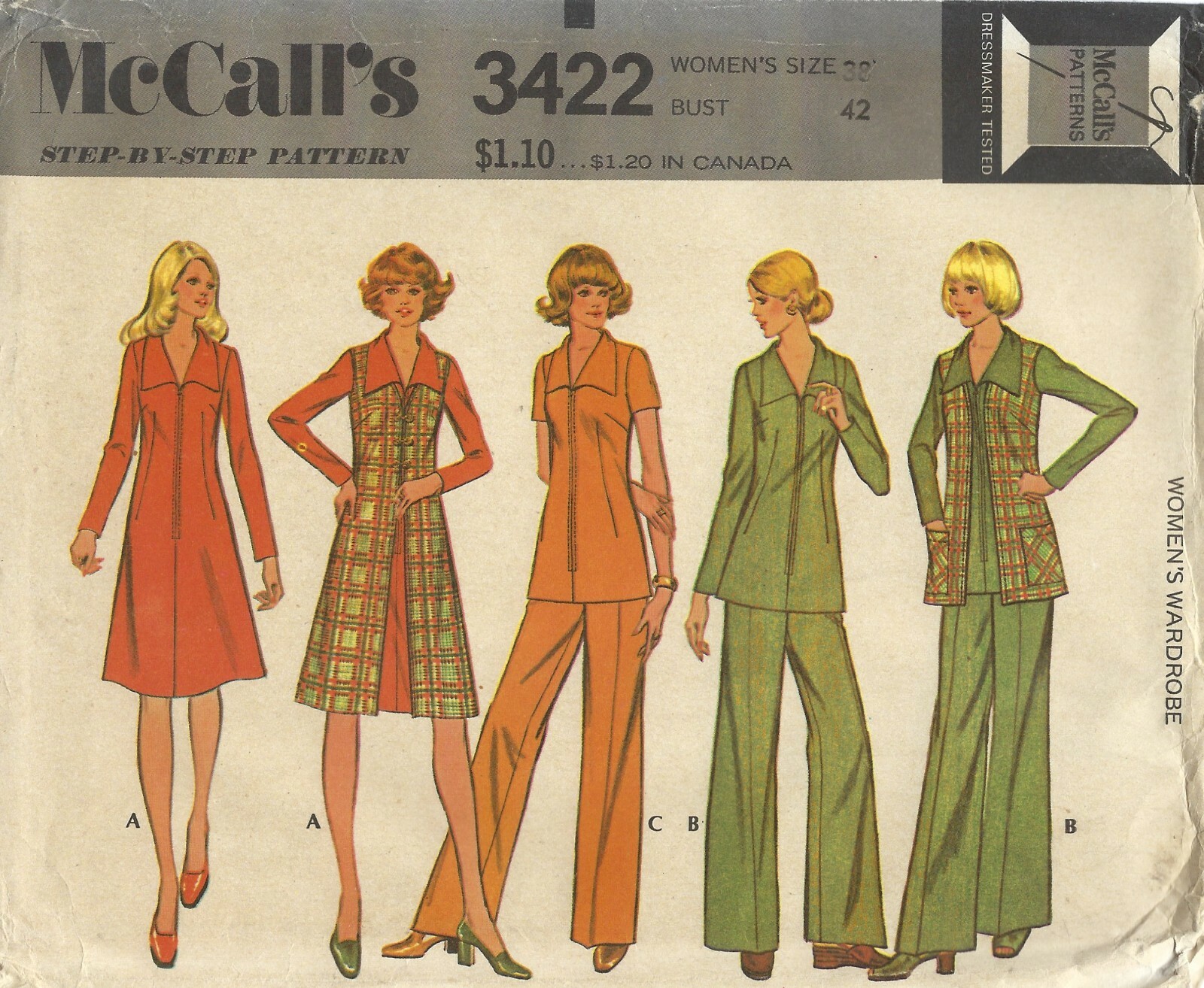 McCall's 3422 Zip-Front A-Line Dress or Top, Vest & Pants Women 42" Bust UNCUT