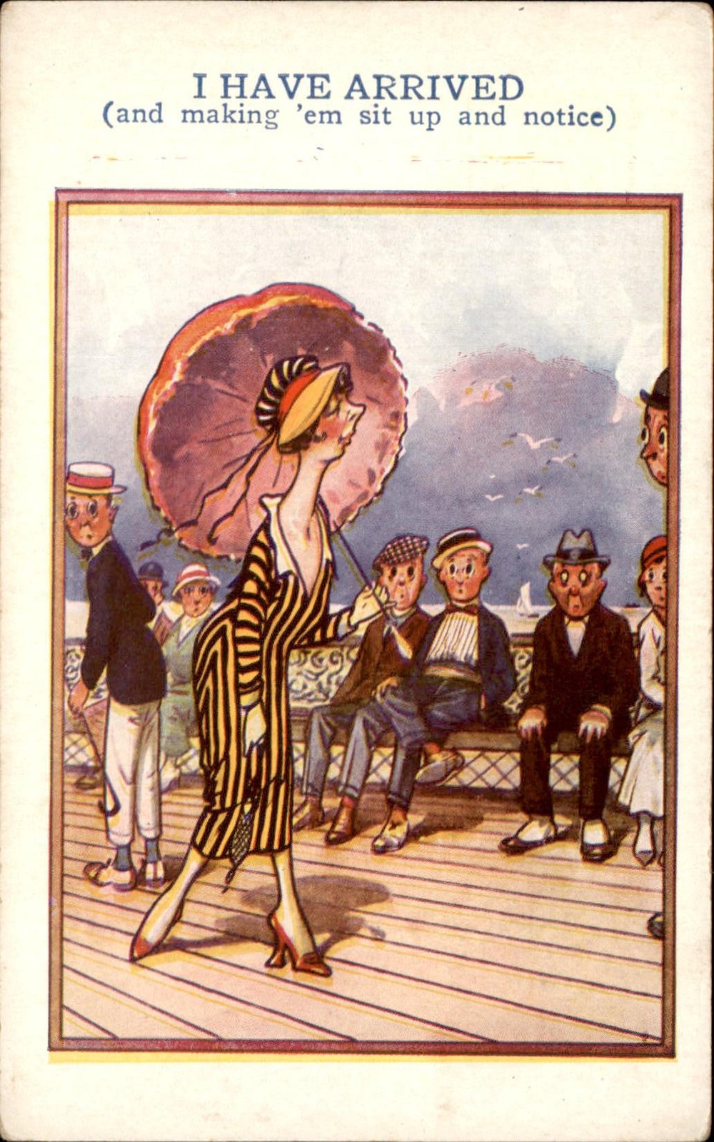 Woman Boardwalk Onlookers Vacation Comic c1910s Vintage Postcard