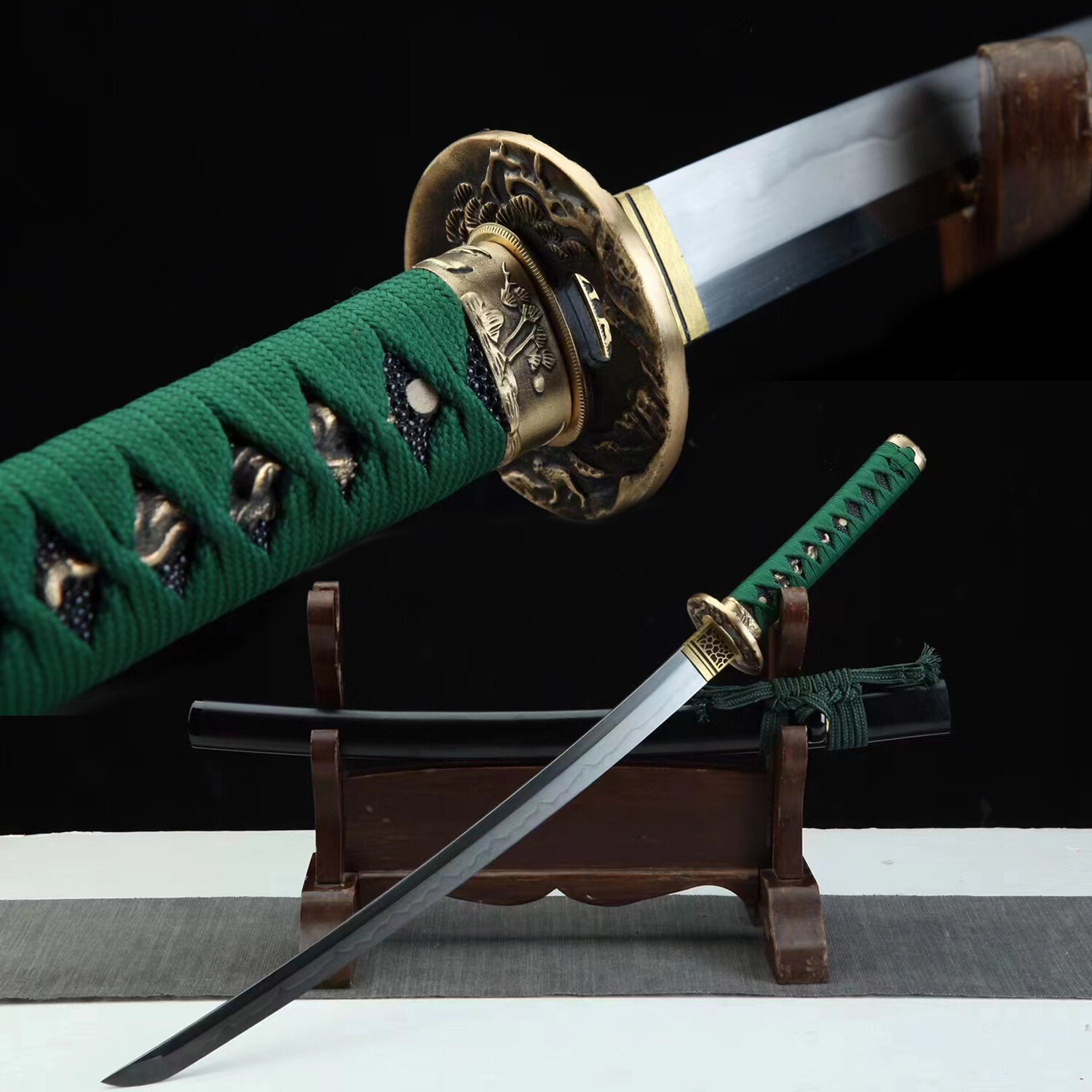 Green 30'' Wakizashi Japanese Katana Samurai Sword T10 Clay Tempered Full Tang Green 30'' Wakizashi Japanese Katana Samurai Sword T10 Clay Tempered Full Tang