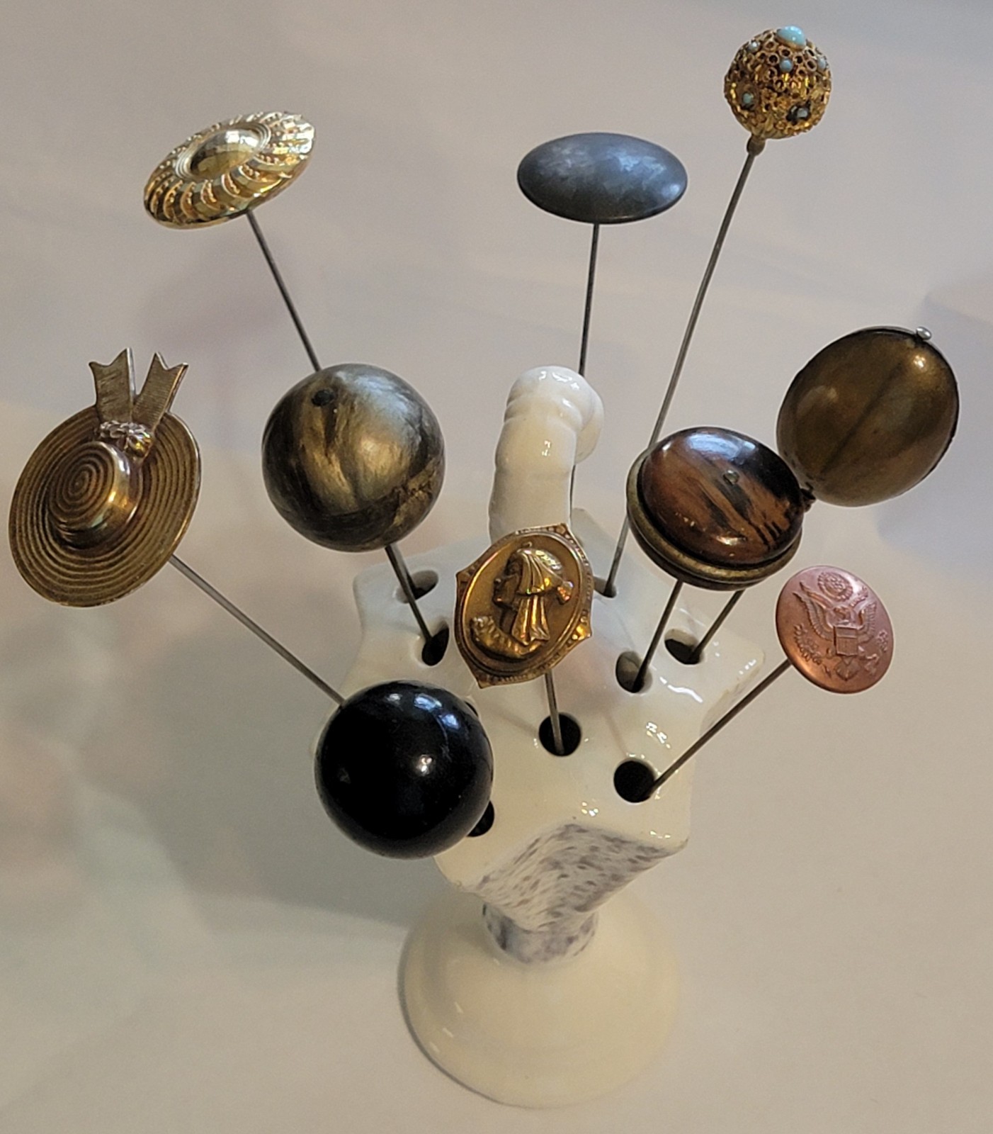 HATPIN Vintage & Antique Mixed Lot 10 Hat Pins & Umbrella Ceramic Hatpin Holder HATPIN Vintage & Antique Mixed Lot 10 Hat Pins & Umbrella Ceramic Hatpin Holder