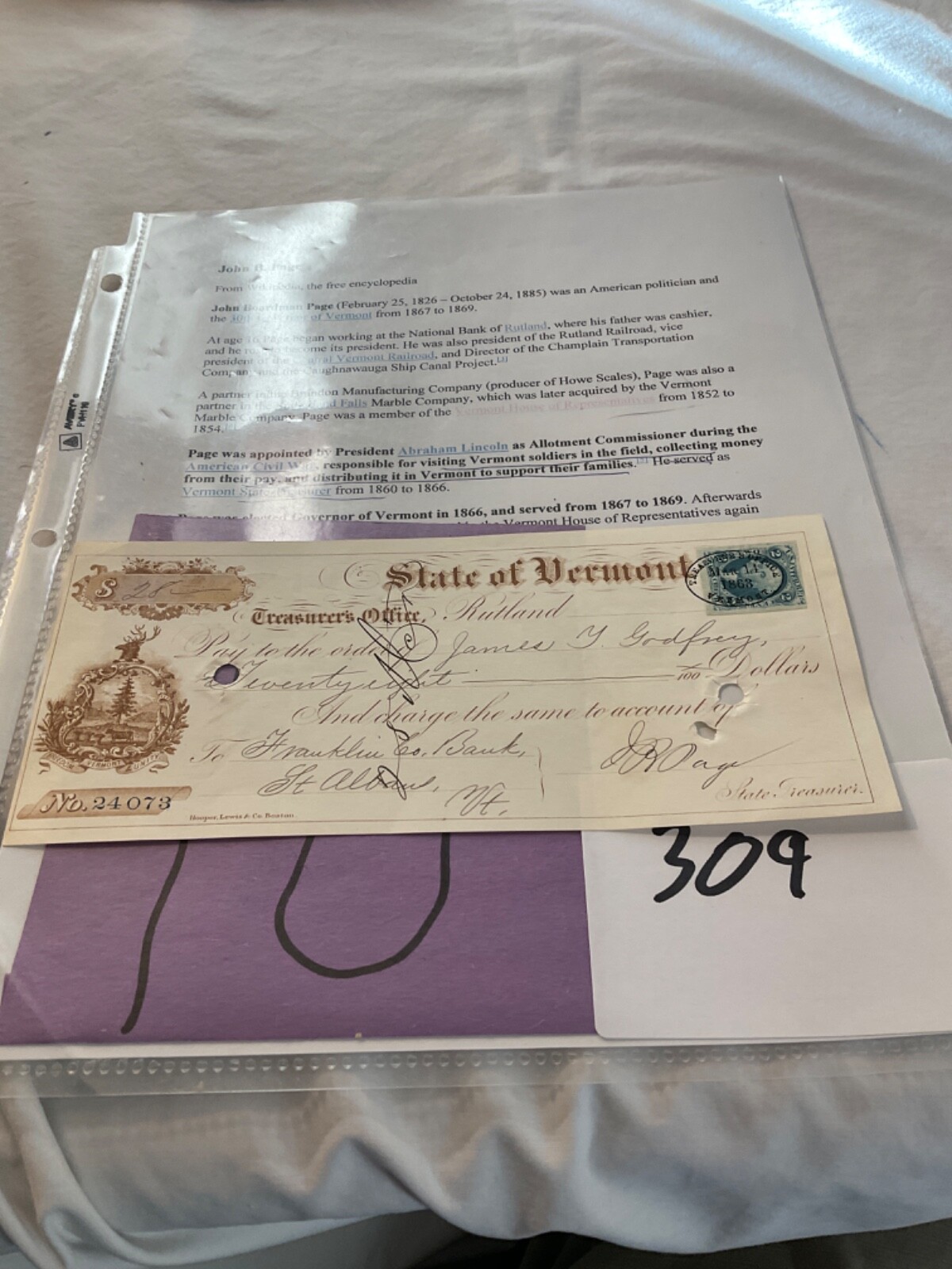309 CIVIL WAR VERMONT 1863 ILLUS WAR CONTRACT ST ALBANS SGN JB PAGE GOV.1860s 309 CIVIL WAR VERMONT 1863 ILLUS WAR CONTRACT ST ALBANS SGN JB PAGE GOV.1860s