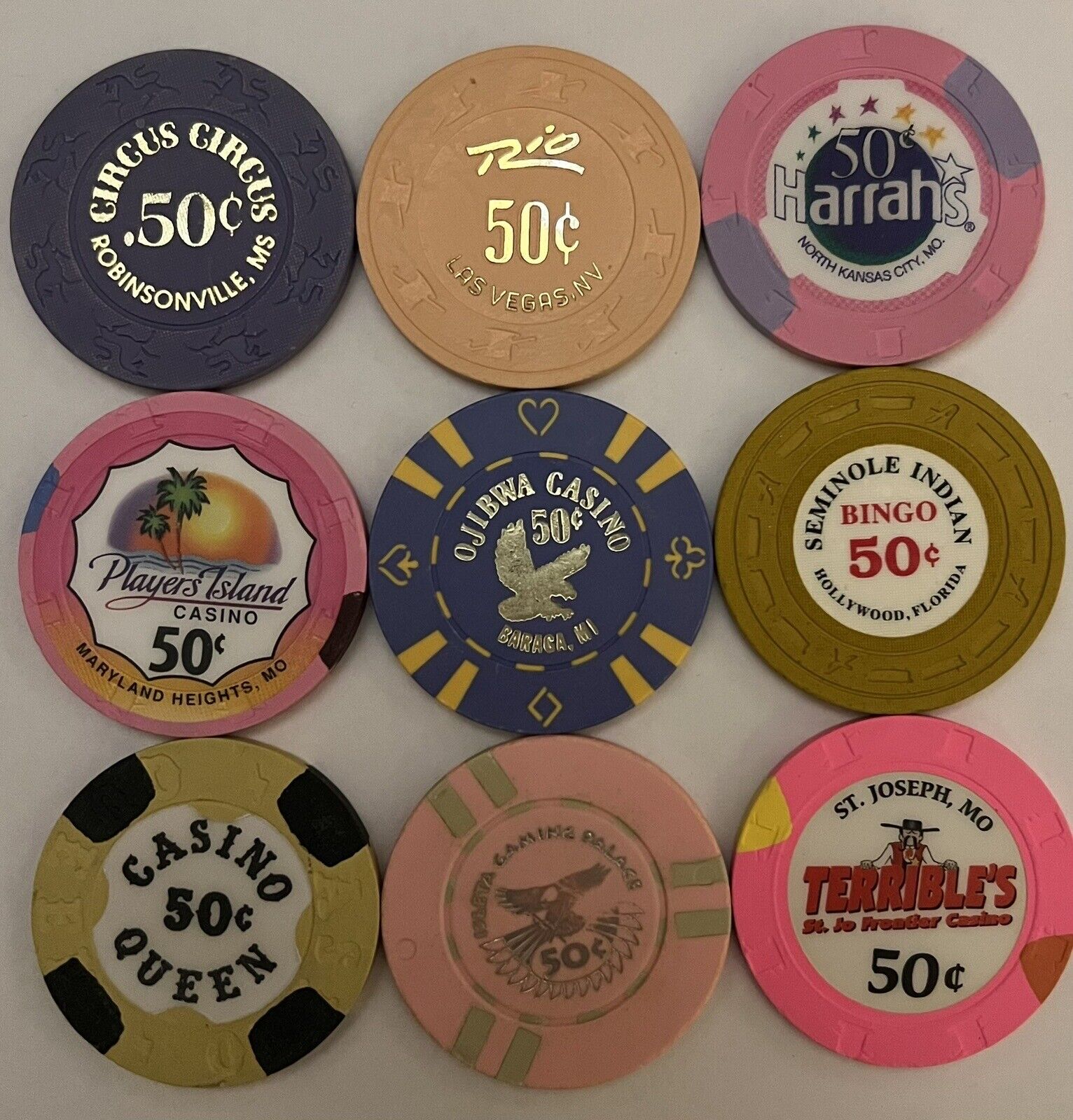 Fractional 9 Piece 50 Cent Chip collection From Different Places