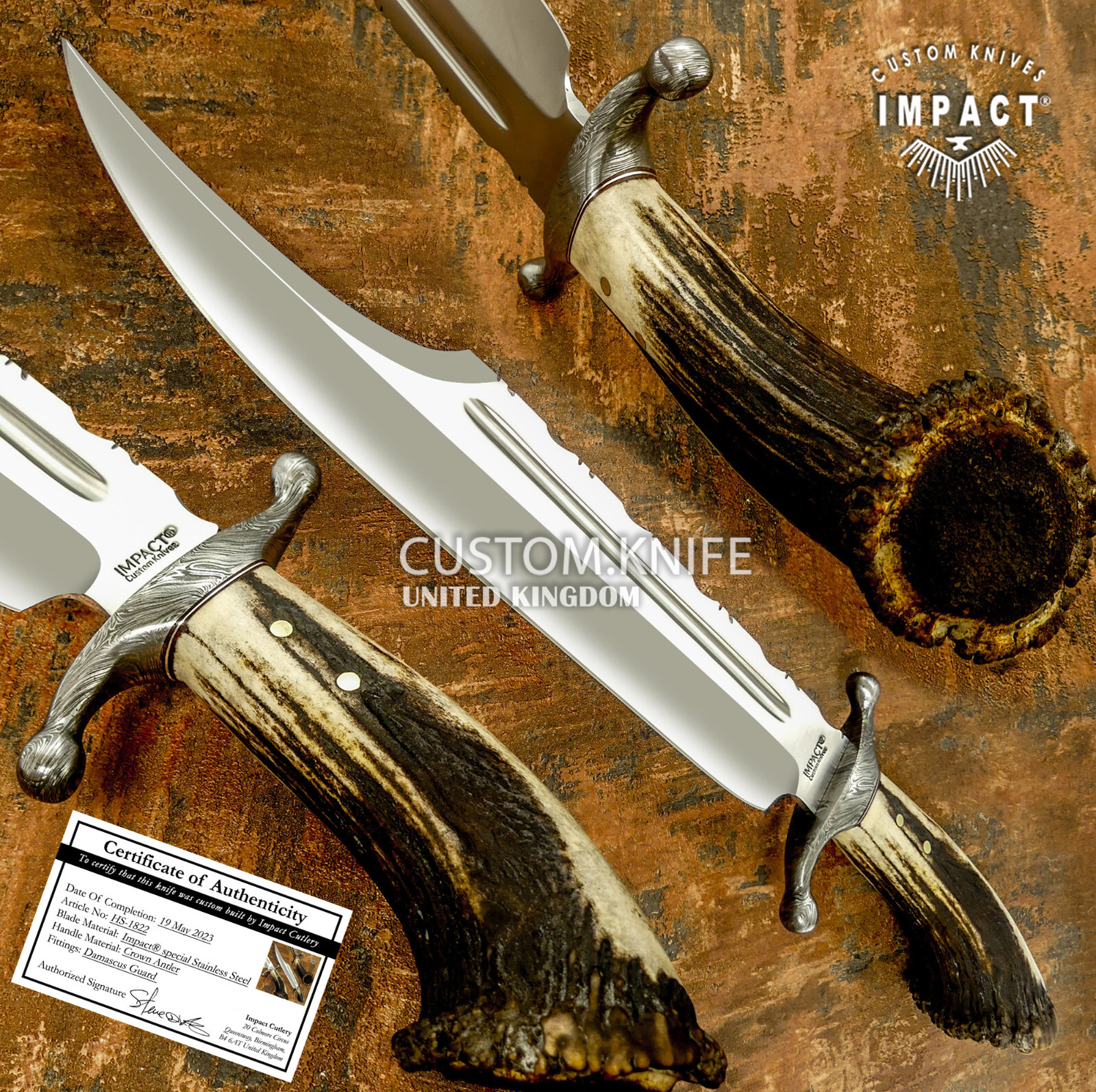 IMPACT CUTLERY RARE CUSTOM BOWIE KNIFE CROWN ANTLER DAMASCUS GUARD IMPACT CUTLERY RARE CUSTOM BOWIE KNIFE CROWN ANTLER DAMASCUS GUARD