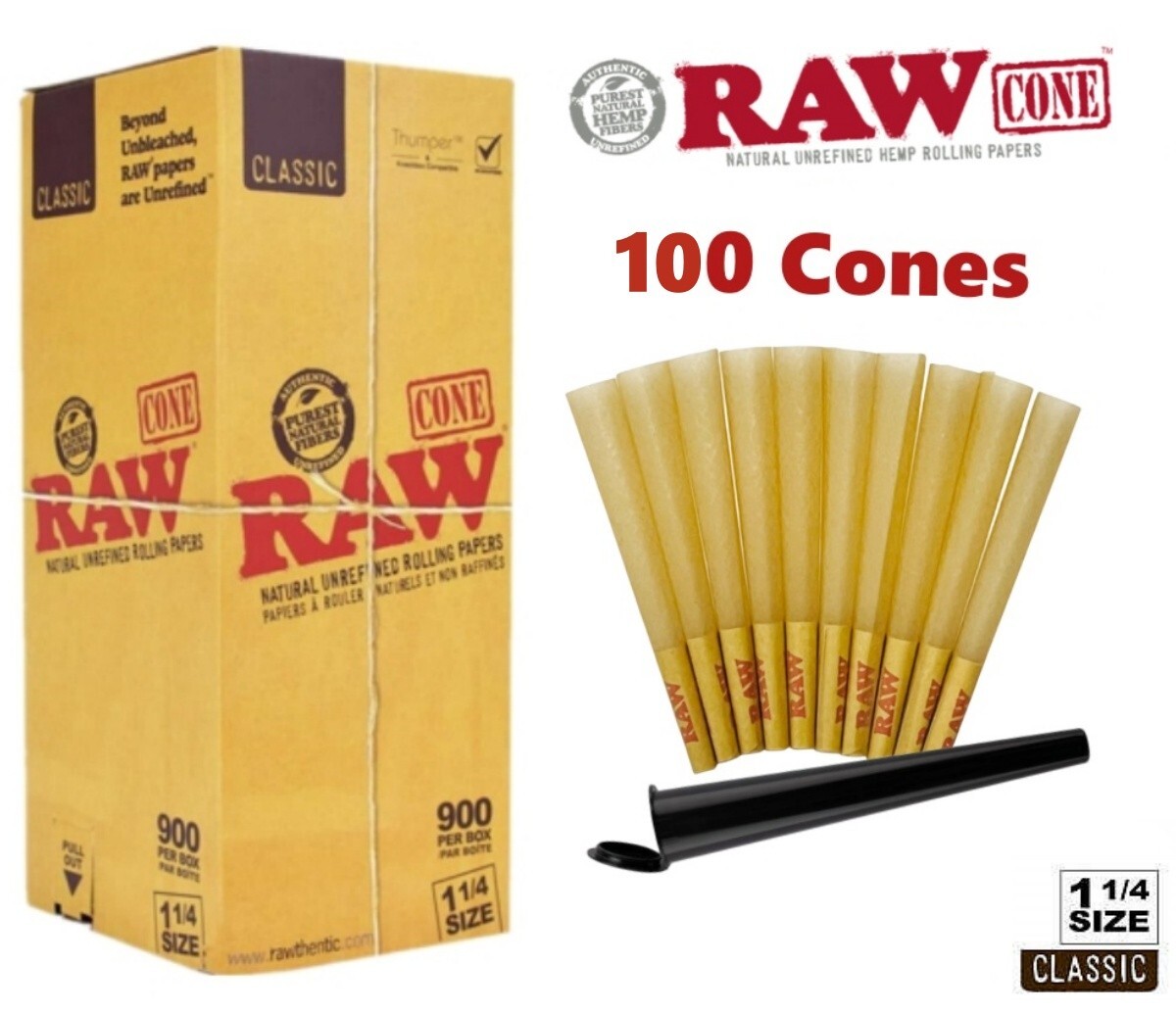 Authentic RAW Classic 1 1/4 Size Pre-Rolled Cones 100 Pack π Cone Tube Authentic RAW Classic 1 1/4 Size Pre-Rolled Cones 100 Pack π Cone Tube