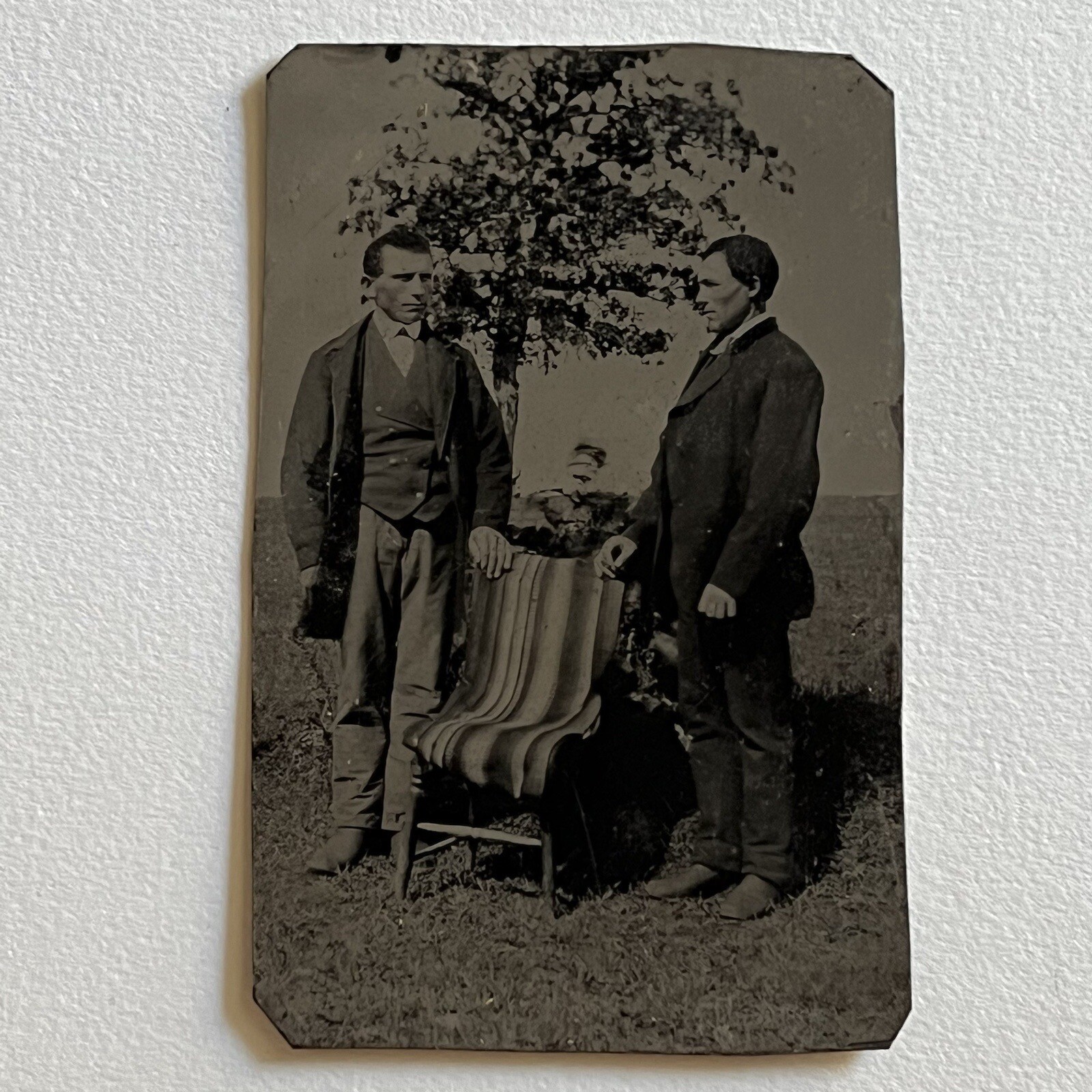 Antique Tintype Photograph Handsome Young Men Unique Odd Composition Outdoor Antique Tintype Photograph Handsome Young Men Unique Odd Composition Outdoor