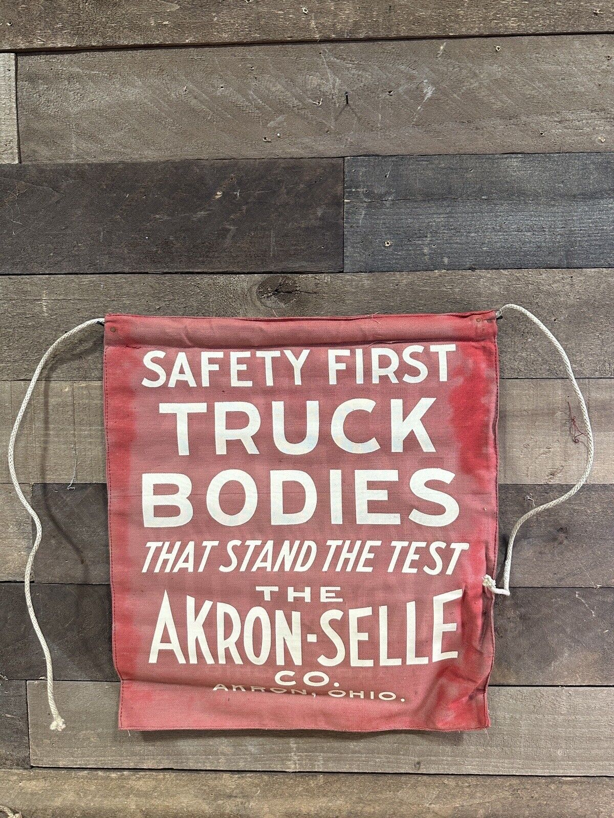 Vintage Safety First Truck Bodies Akron-Selle Advertising Banner Double Sided 4