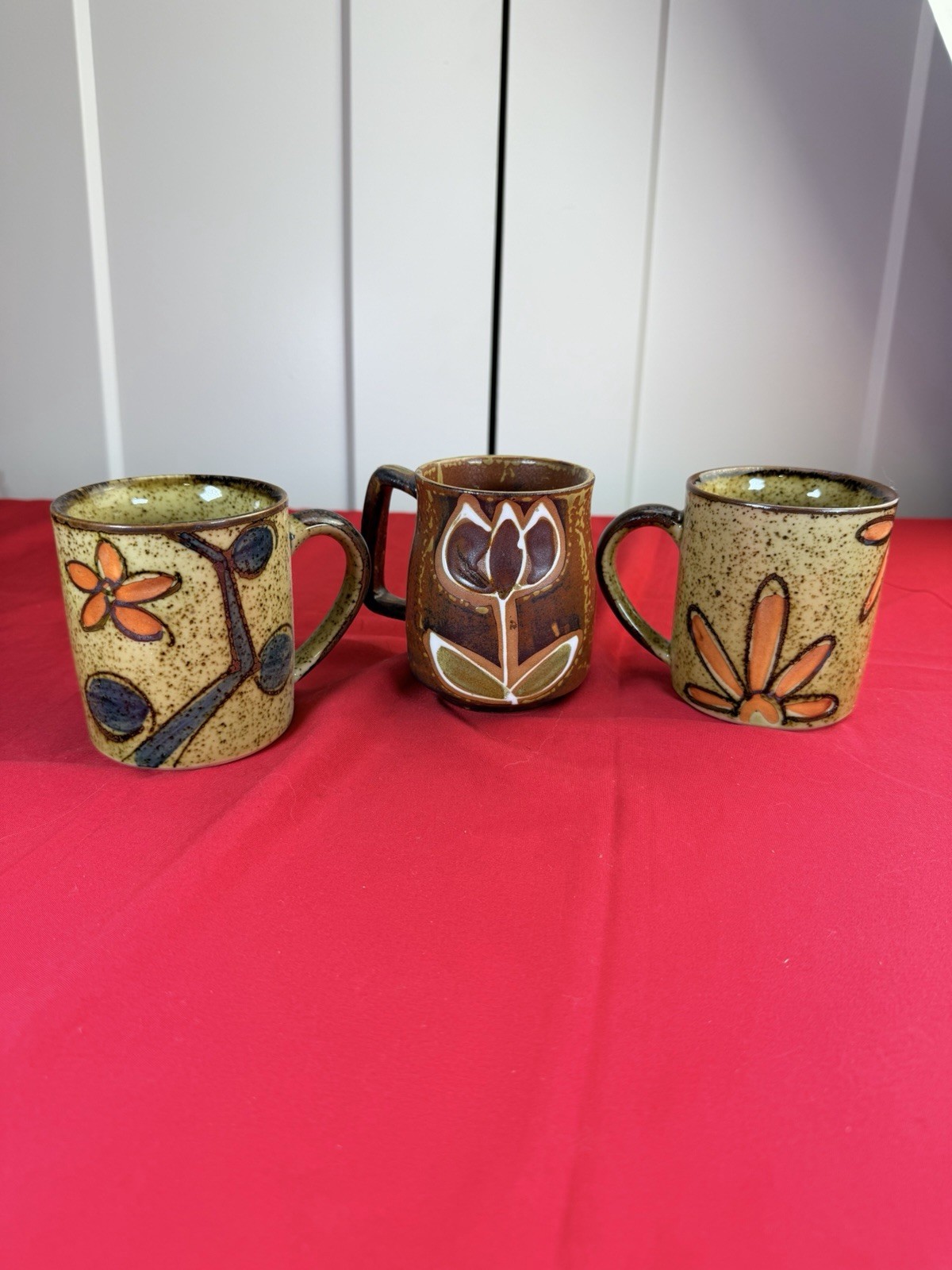 Vtg 1970s Otagiri Japan Speckled Stoneware Floral Coffee Mugs Lot of 3 Vtg 1970s Otagiri Japan Speckled Stoneware Floral Coffee Mugs Lot of 3