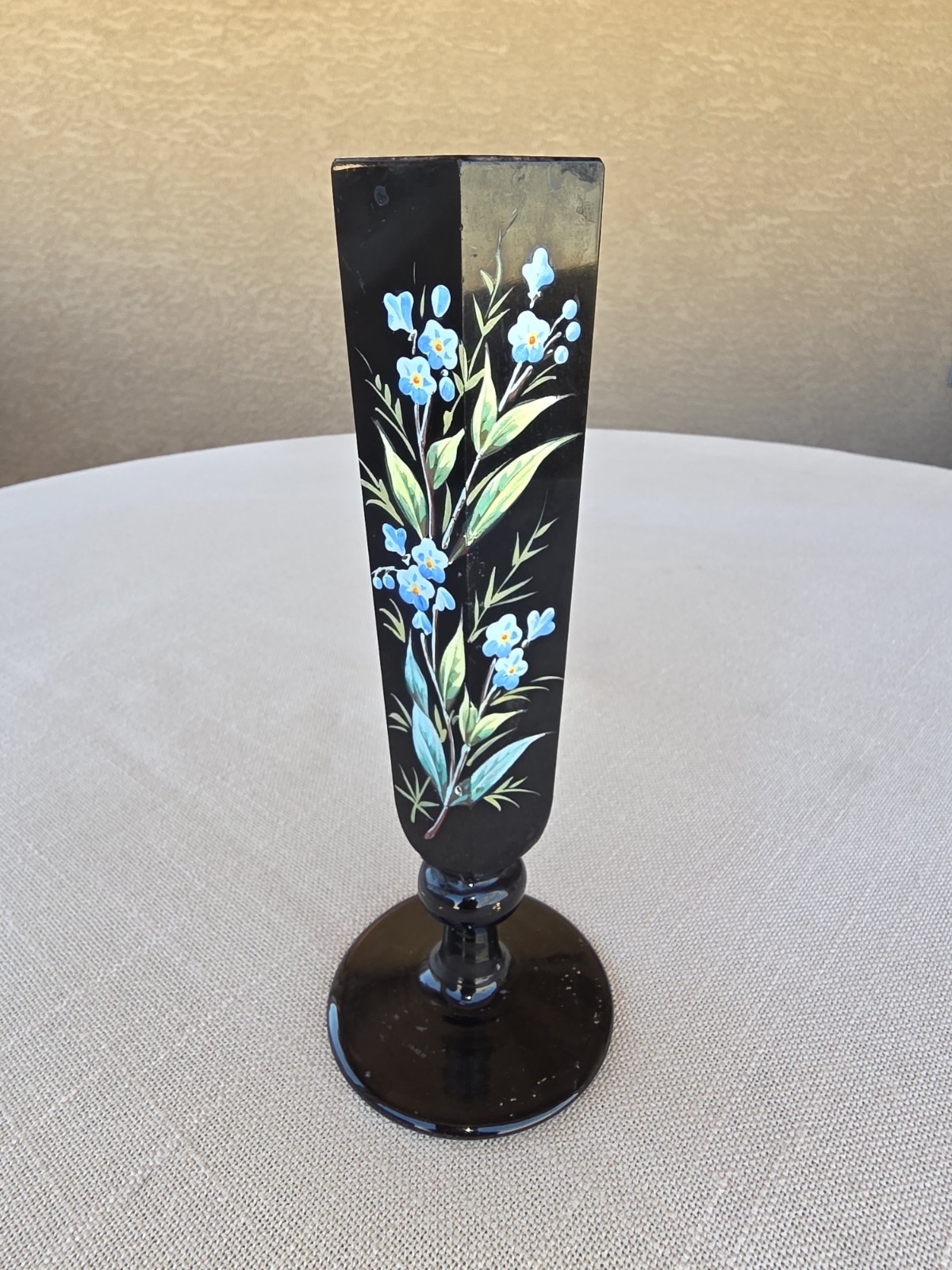 Vintage Black Amethyst Glass Hand Painted Floral Design Gold 7.5" Bud Vase Vintage Black Amethyst Glass Hand Painted Floral Design Gold 7.5" Bud Vase