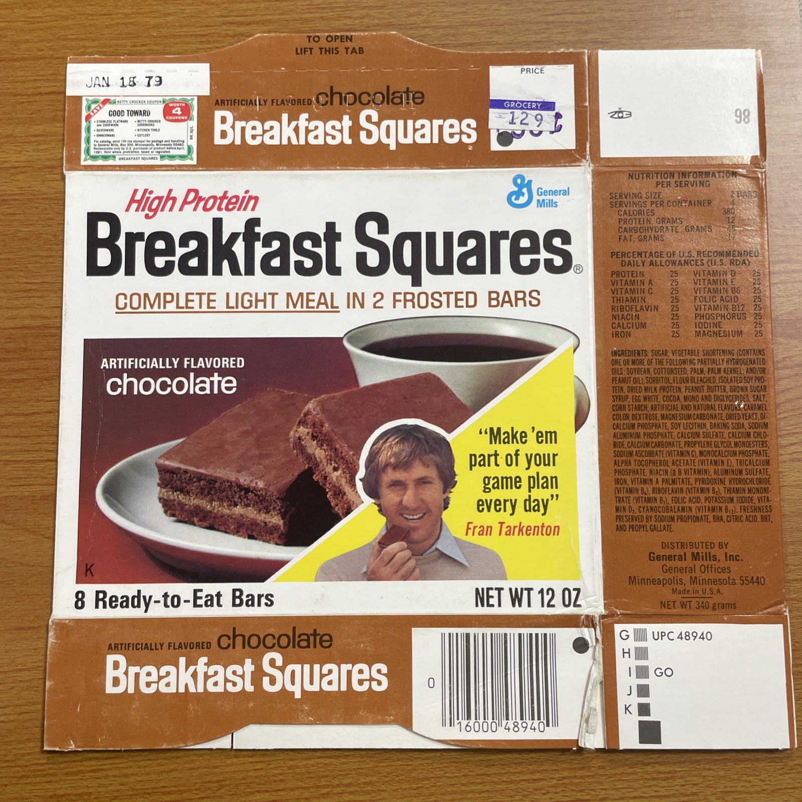 1978 General Mills High Protein Breakfast Squares Box Chocolate Fran Tarkenton 1978 General Mills High Protein Breakfast Squares Box Chocolate Fran Tarkenton