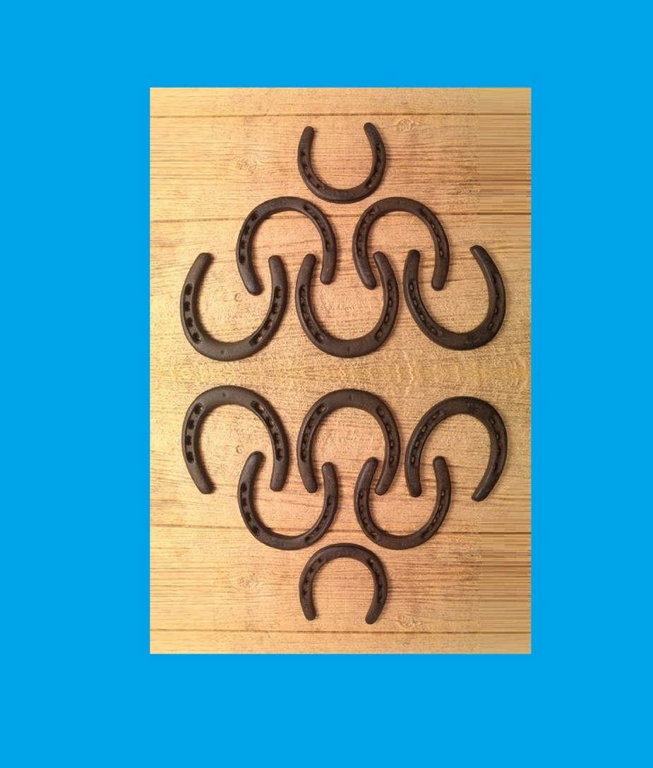Set of Twelve (12) Large Horse Shoes Rustic Cast Iron 5" tall Twelve (12) 05208 Set of Twelve (12) Large Horse Shoes Rustic Cast Iron 5" tall Twelve (12) 05208