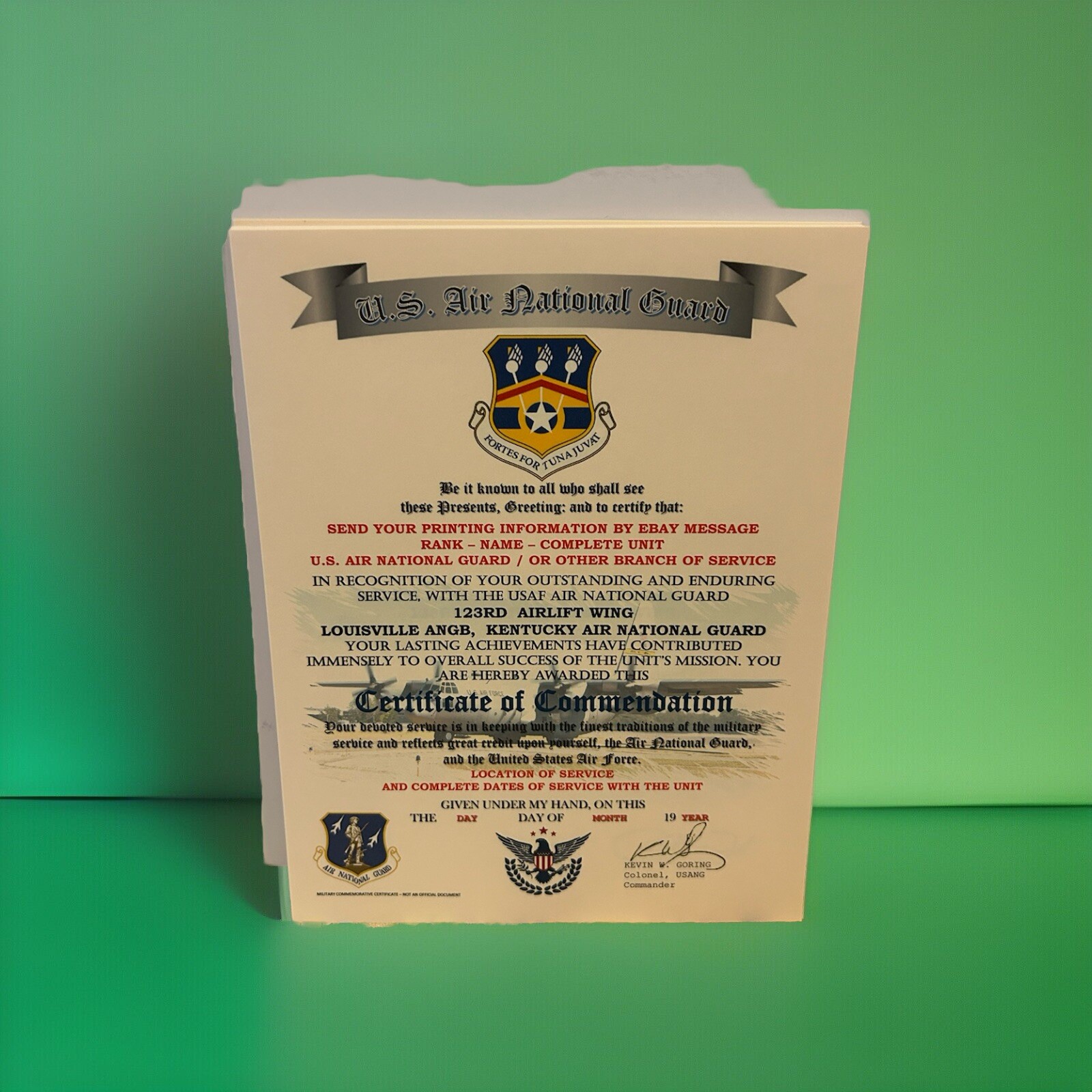 AIR NATIONAL GUARD - KENTUCKY / 123RD AIRLIFT WING~CERTIFICATE OF COMMENDATION AIR NATIONAL GUARD - KENTUCKY / 123RD AIRLIFT WING~CERTIFICATE OF COMMENDATION