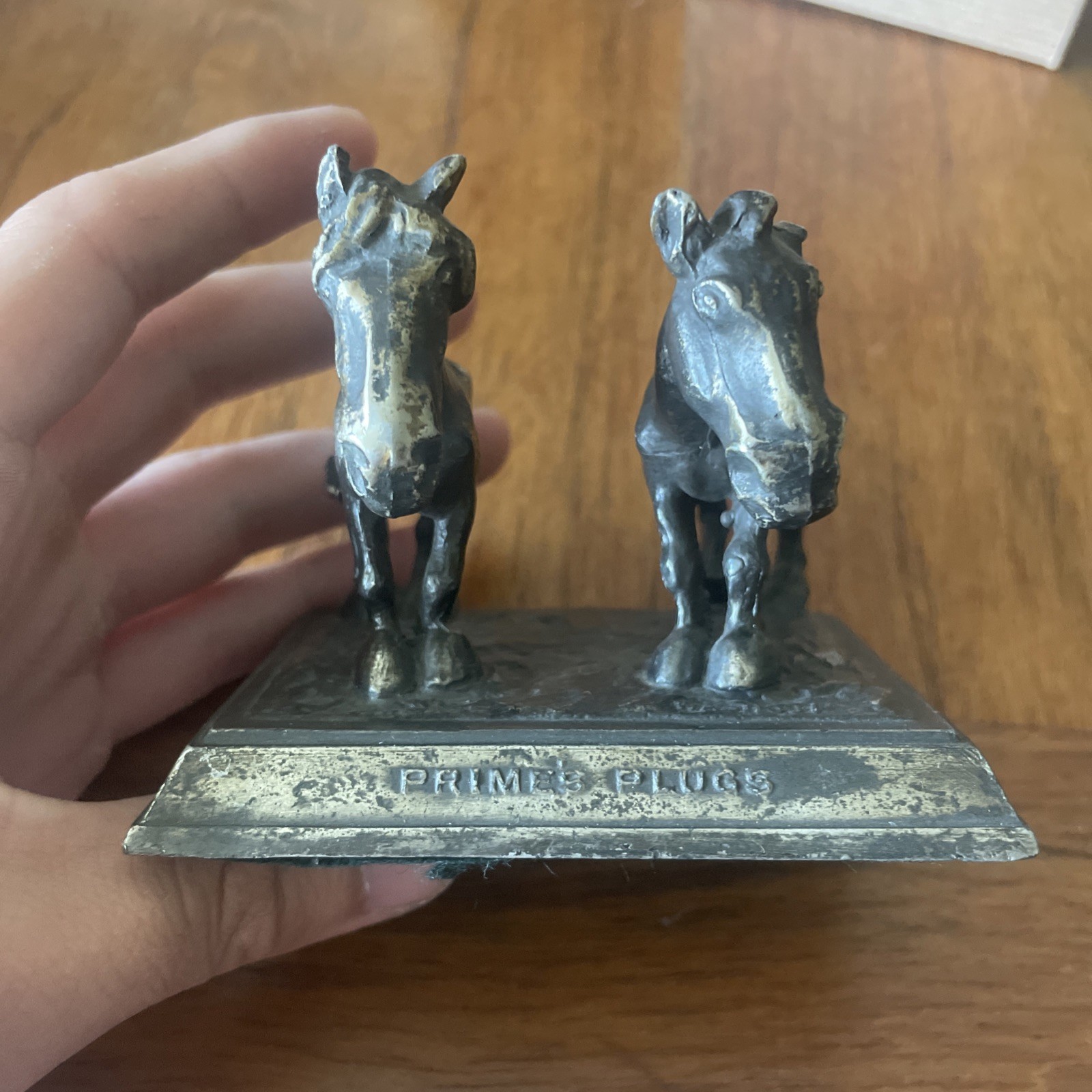 Antique Cast Metal Primes Spark Plugs Advertising Two Horse Figural Paperweight Antique Cast Metal Primes Spark Plugs Advertising Two Horse Figural Paperweight