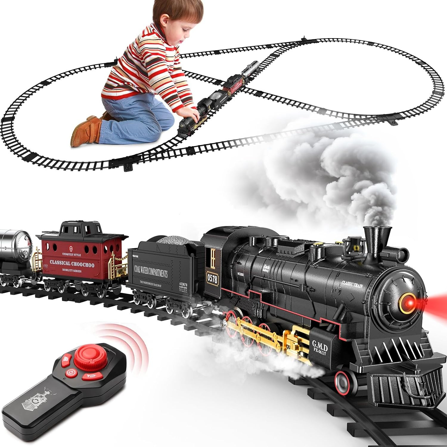 RC Train Set for Kids, Alloy Steam Locomotive with Cars and Tracks RC Train Set for Kids, Alloy Steam Locomotive with Cars and Tracks