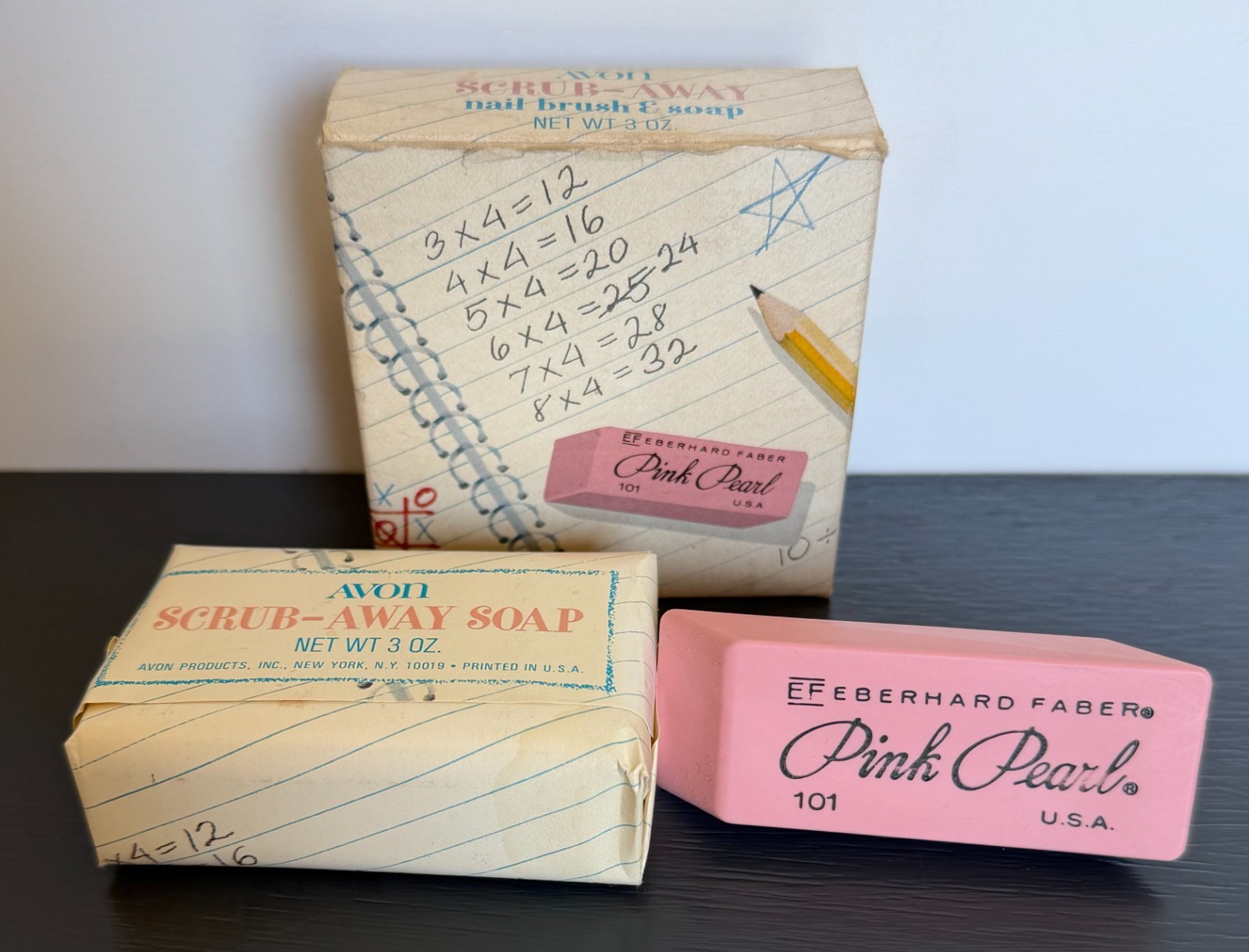 NEW Vtg Avon Scrub-Away Nail Brush & Soap Pink Pearl Eraser Eberhard Faber Box NEW Vtg Avon Scrub-Away Nail Brush & Soap Pink Pearl Eraser Eberhard Faber Box