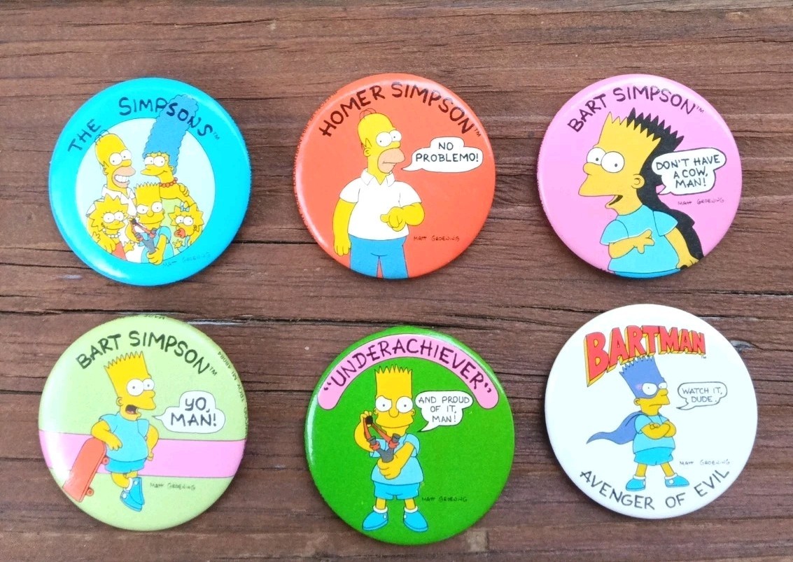 Lot of 6 **VINTAGE** 1989 THE SIMPSONS Buttons 1.75" dia. Lot of 6 **VINTAGE** 1989 THE SIMPSONS Buttons 1.75" dia.
