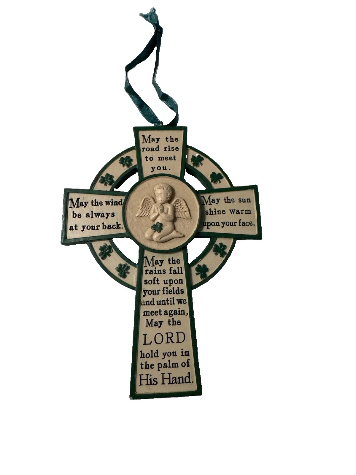 Irish Blessing Celtic Cross Angel Cherub Shamrock Wall Hanging Green 6.5” Irish Blessing Celtic Cross Angel Cherub Shamrock Wall Hanging Green 6.5”