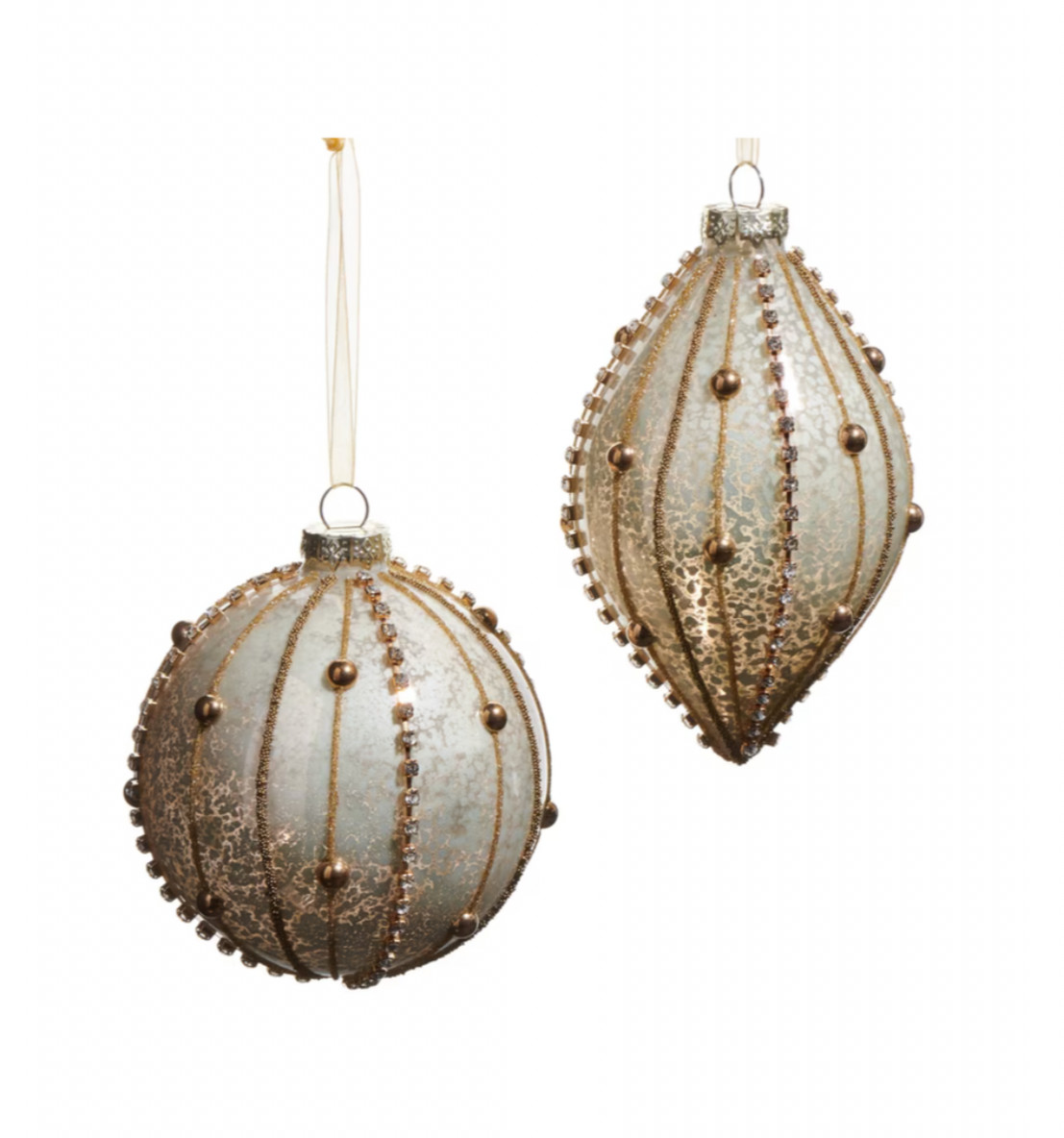 RAZ 4” Mercury Glass Rhinestone Christmas Ornaments Ball & Finial Shape Set of 2 RAZ 4” Mercury Glass Rhinestone Christmas Ornaments Ball & Finial Shape Set of 2