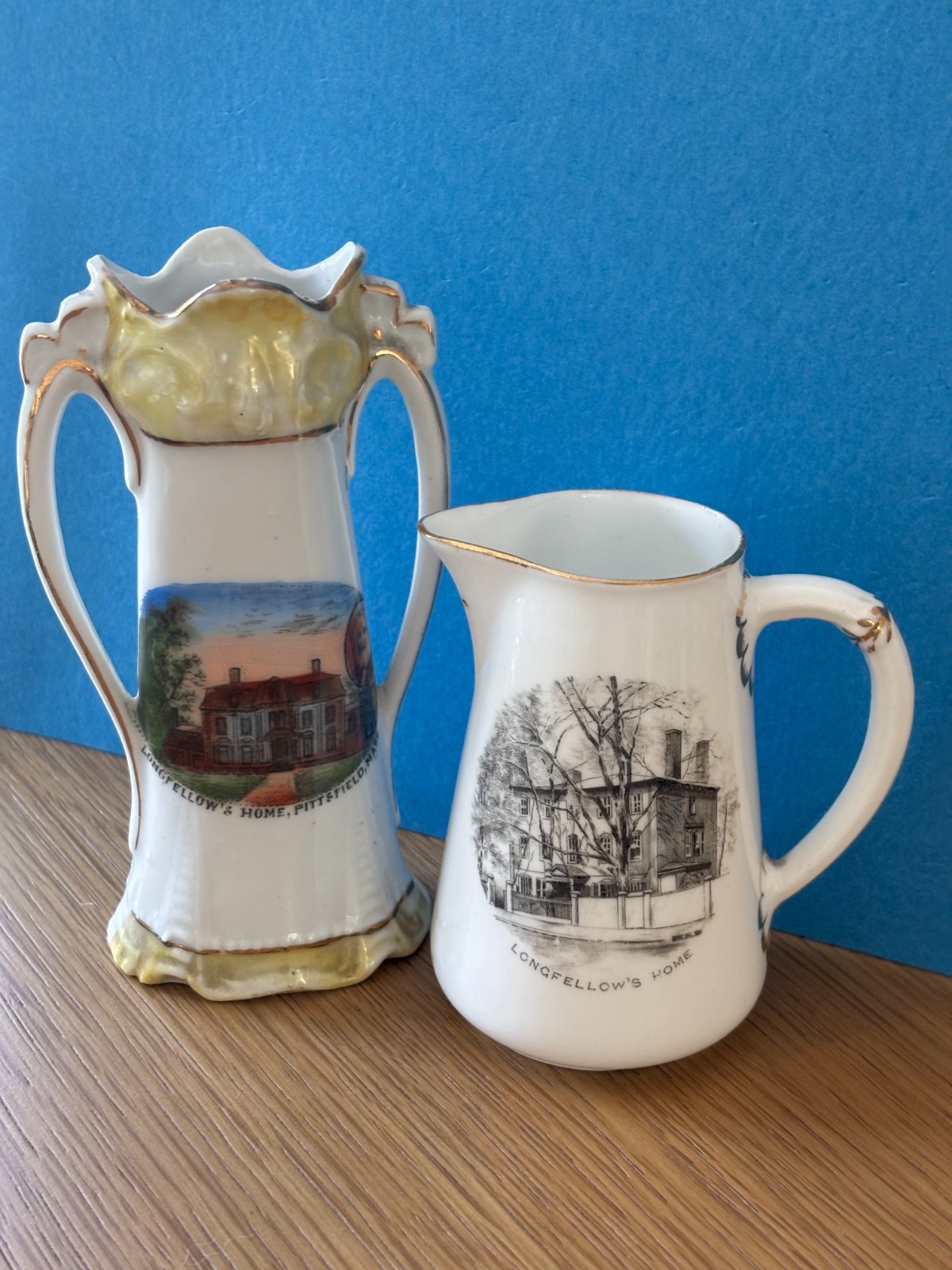 PAIR antique SOUVENIR CHINA PCS VASE/PITCHER LONGFELLOWS HOUSE PITTSFIELD MASS PAIR antique SOUVENIR CHINA PCS VASE/PITCHER LONGFELLOWS HOUSE PITTSFIELD MASS